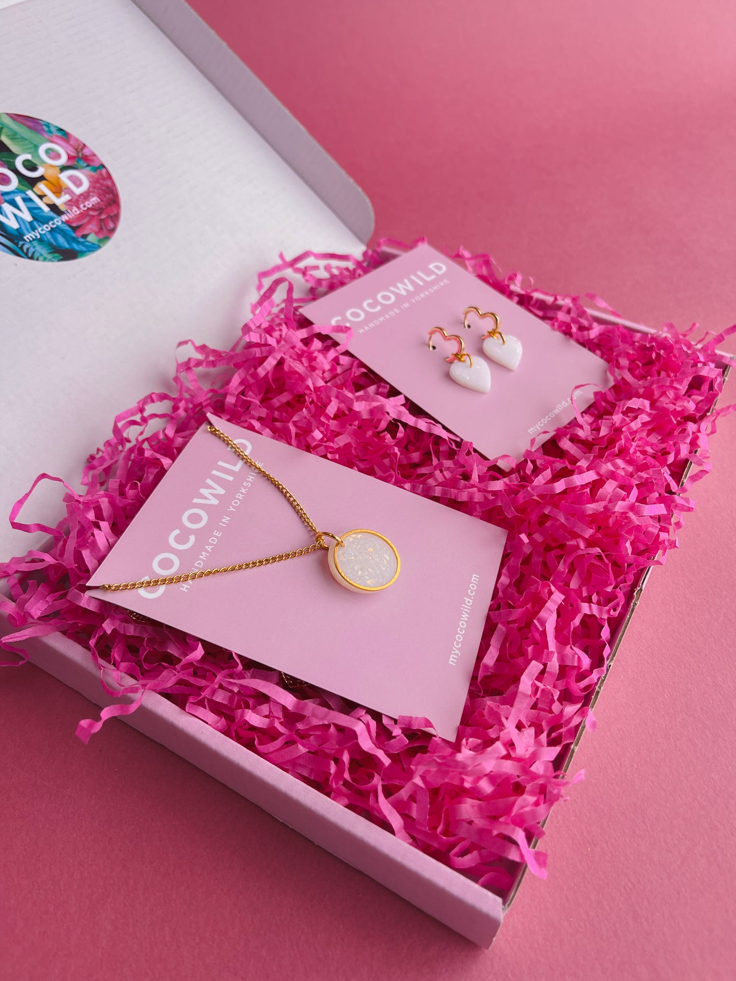 GIFT SET - Pearlescent Heart Huggies Earrings & Necklace (18k gold plated)
