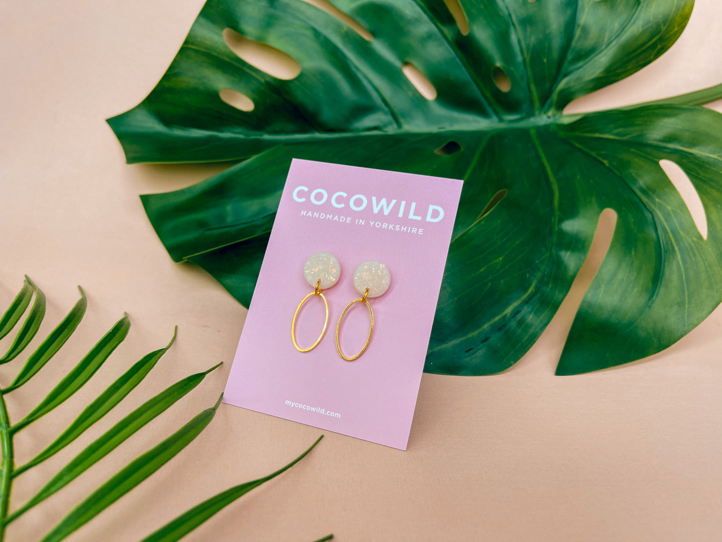 CHRISTINA - Pearlescent & Gold Leaf Oval Drop Earrings