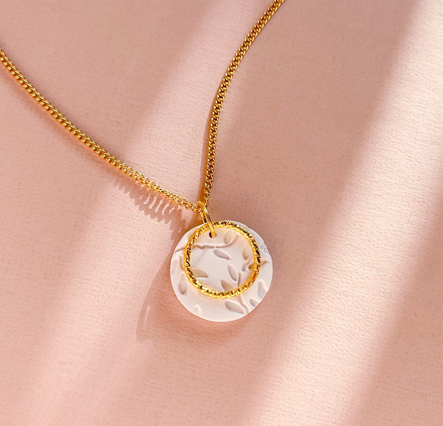 GABRIELA - White Leaf Pattern & Gold Large Circle Pendant Necklace on Long 18k Gold Chain