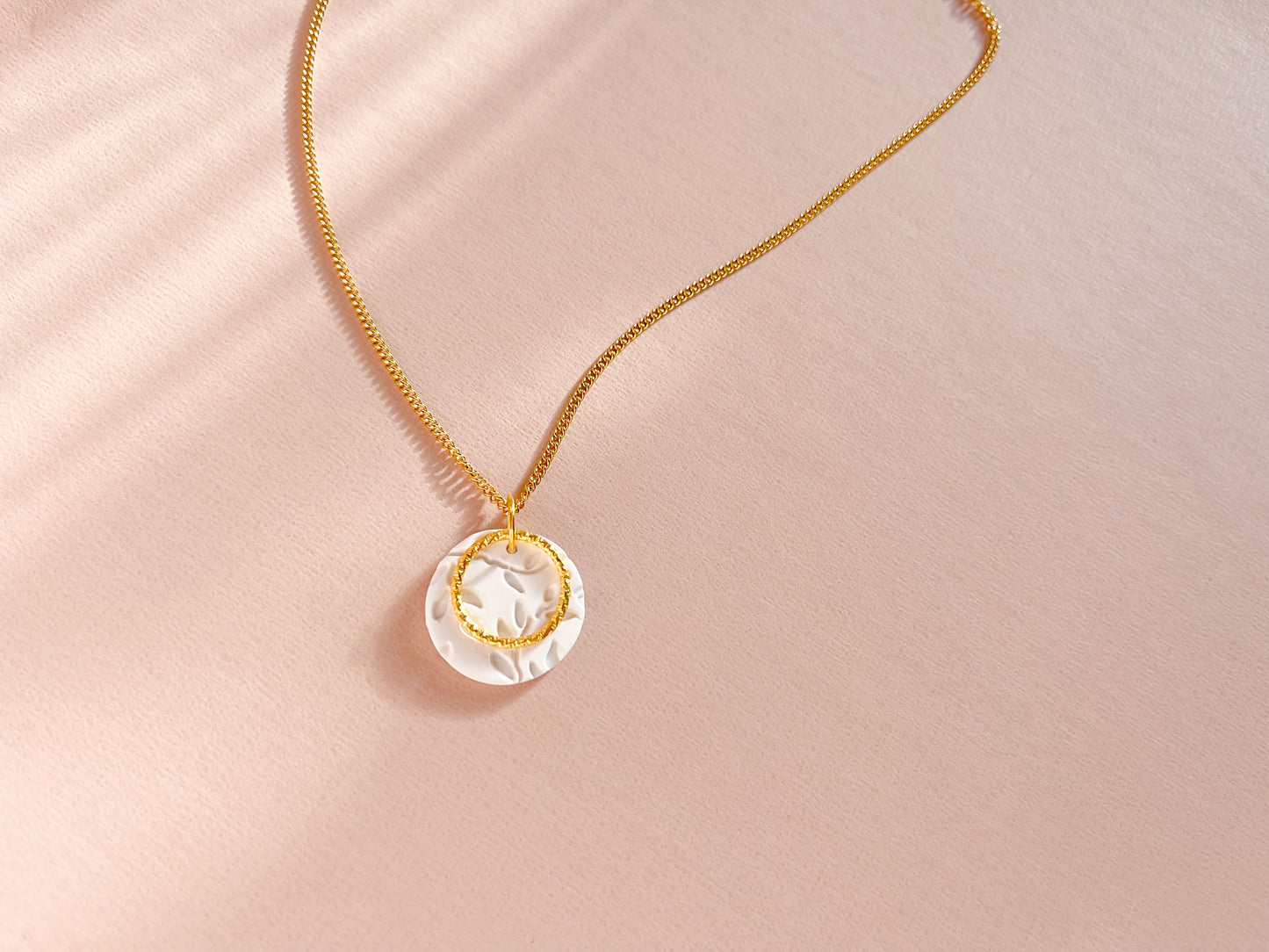 GABRIELA - White Leaf Pattern & Gold Large Circle Pendant Necklace on Long 18k Gold Chain