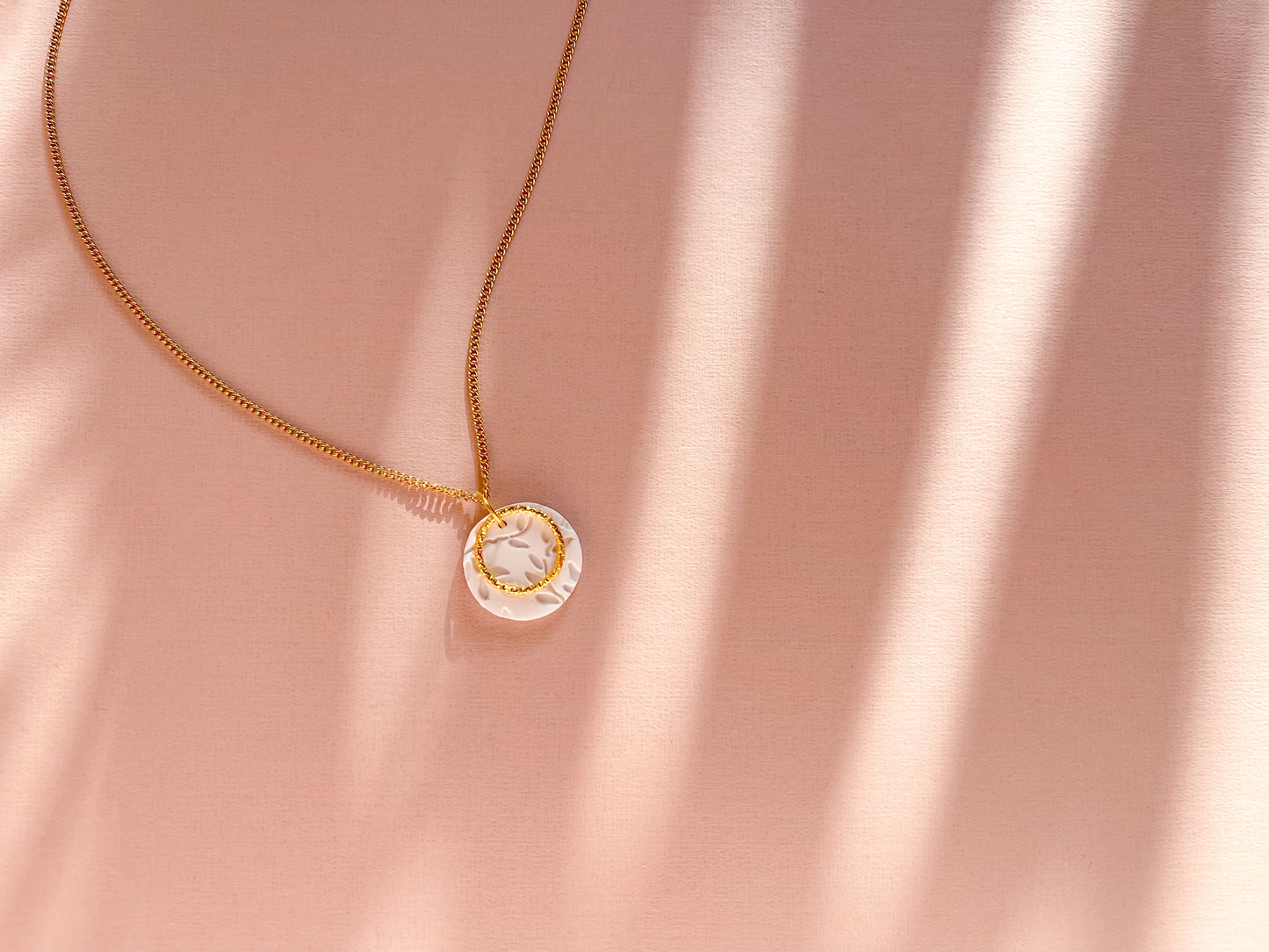 GABRIELA - White Leaf Pattern & Gold Large Circle Pendant Necklace on Long 18k Gold Chain