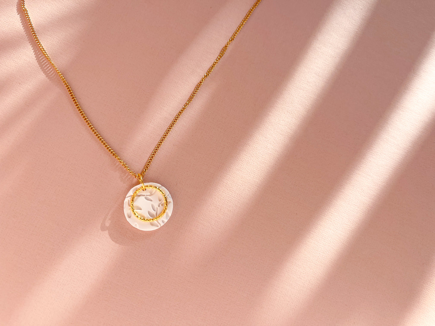 GABRIELA - White Leaf Pattern & Gold Large Circle Pendant Necklace on Long 18k Gold Chain