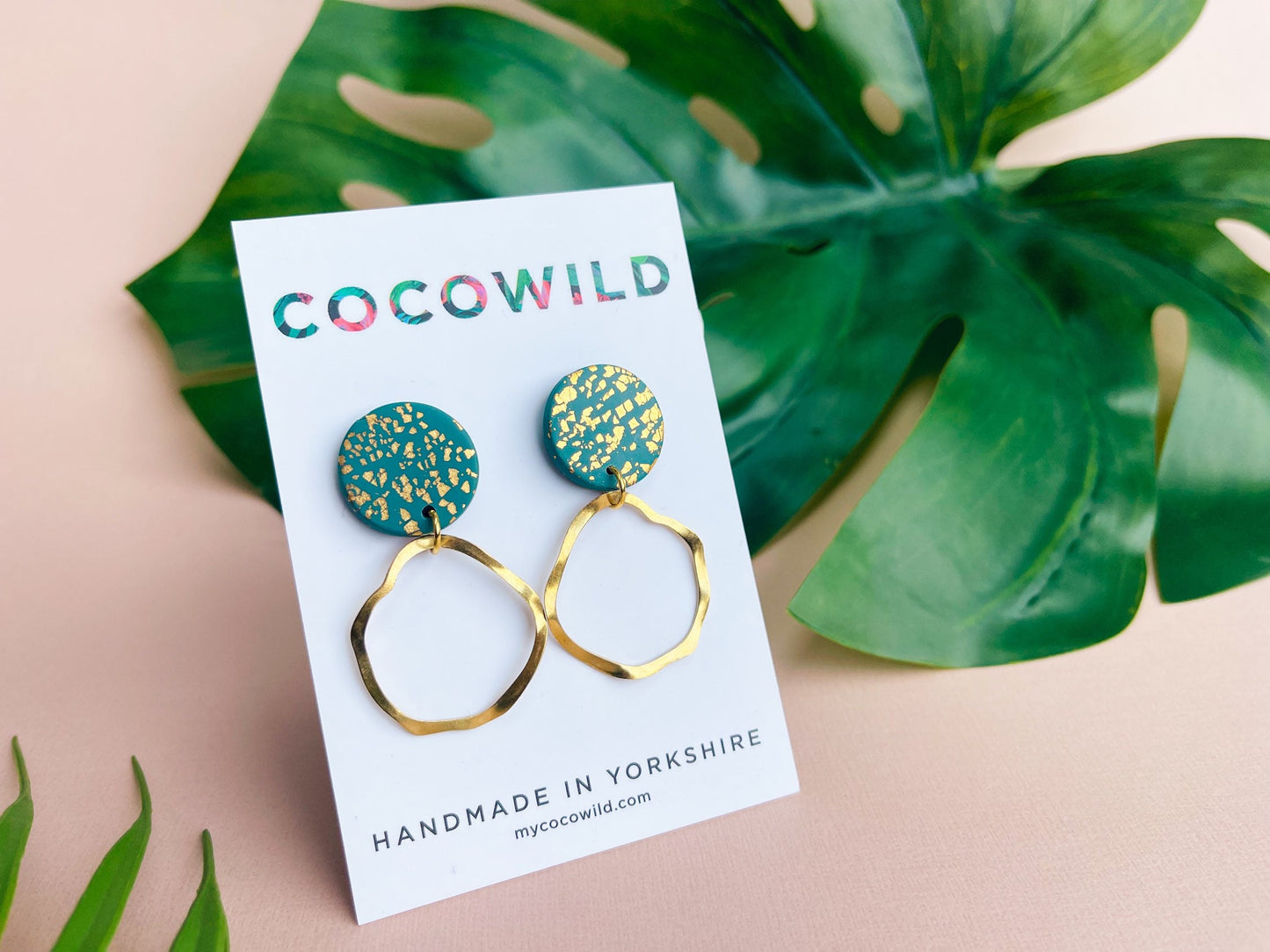 OLIVIA Emerald green and gold earrings with gold hoops handmade in the UK