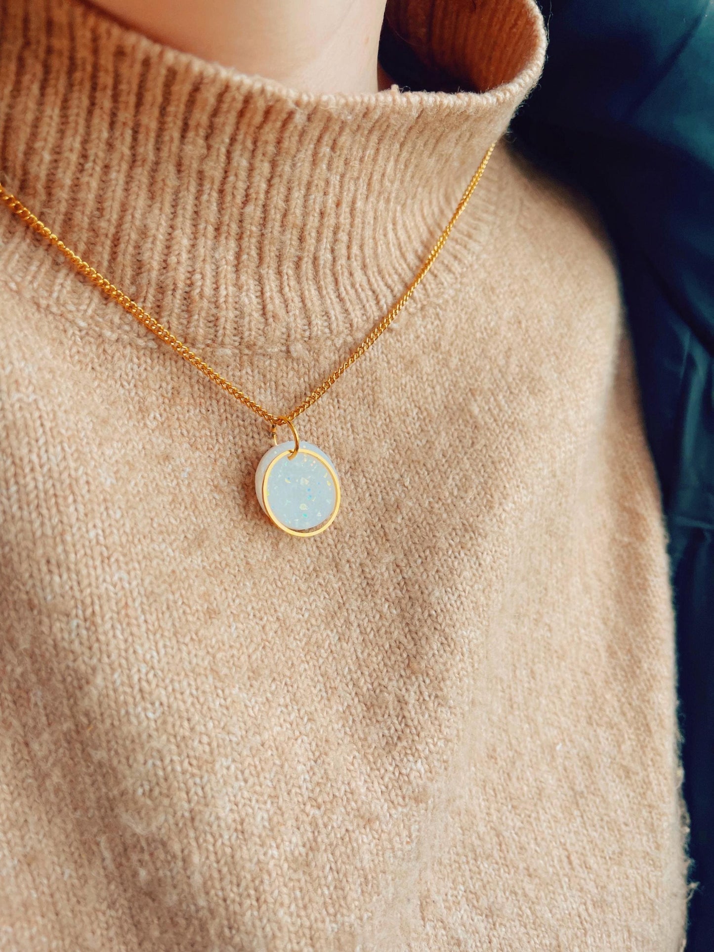 LUCIA - Small Pearlescent clay 18k gold plated necklace | short white sparkly necklace //