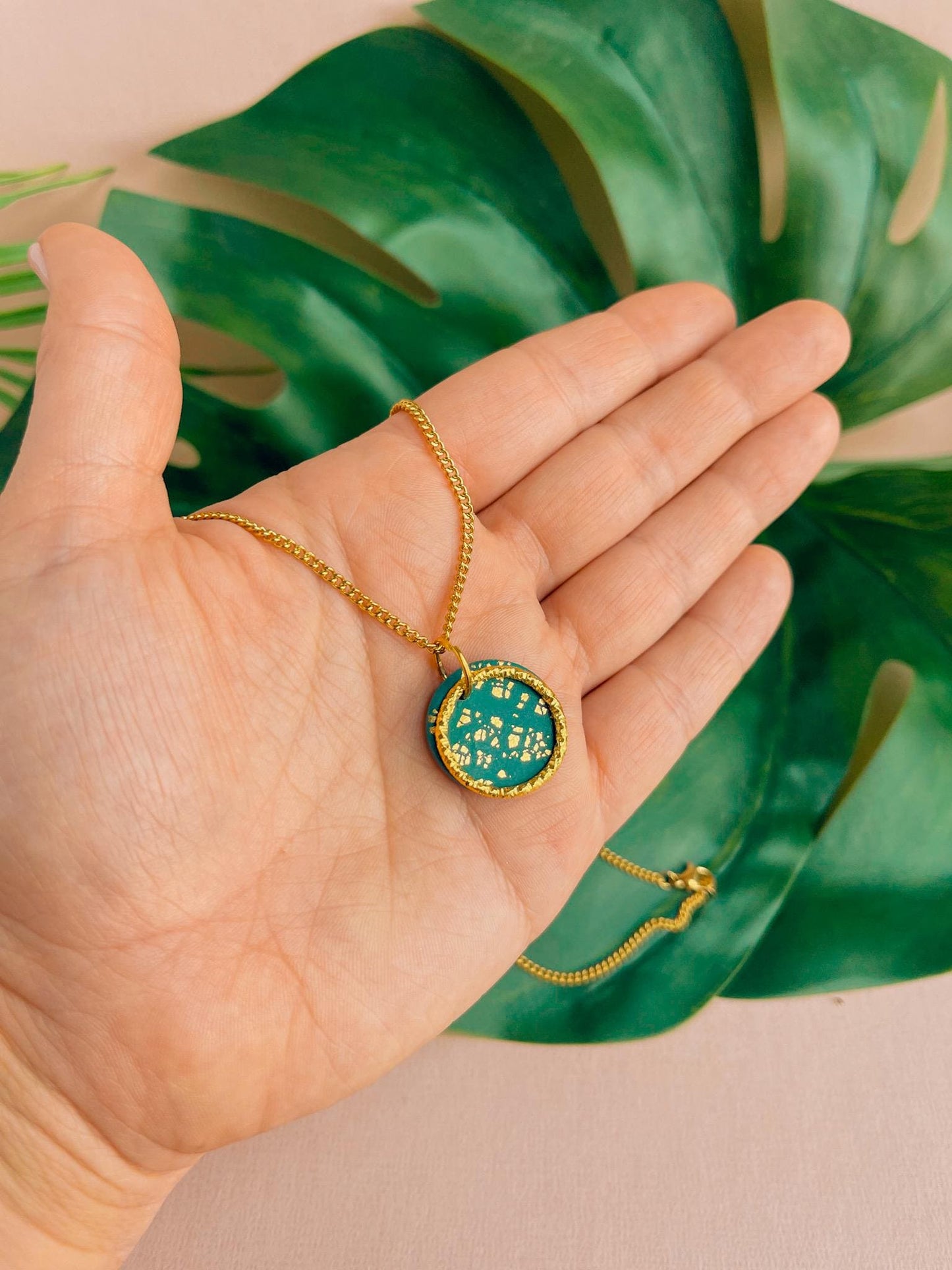 LUCIA - Small Green and Gold clay necklace | short round green necklace on a 18k gold plated chain //