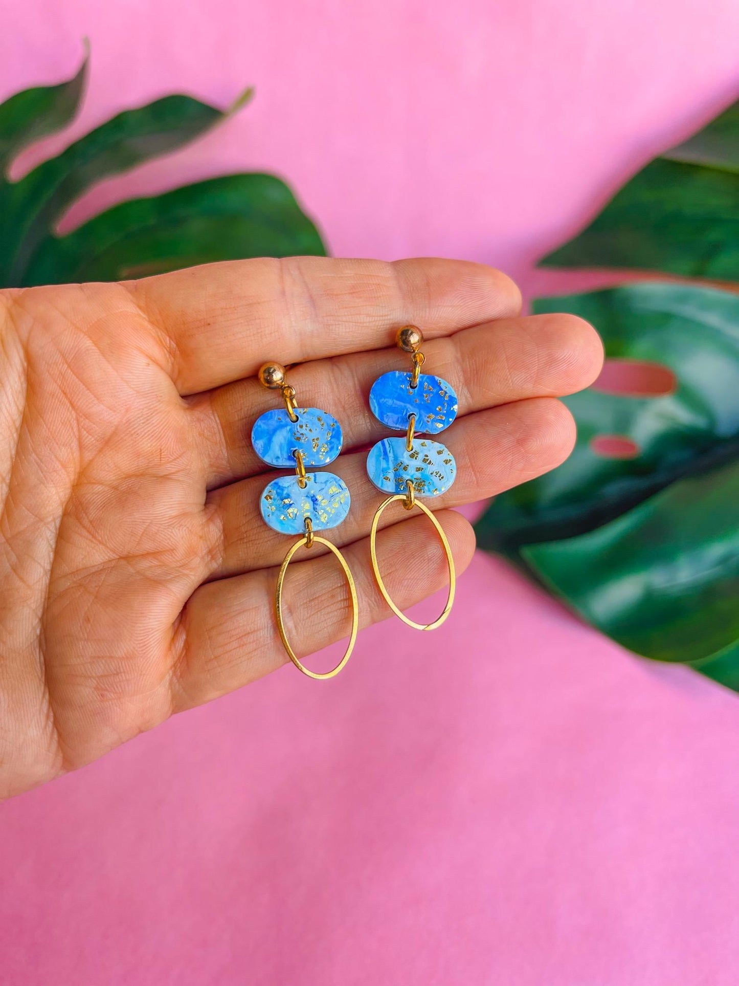 Blue & Gold Oval statement stud earrings // Polymer clay oval earrings with gold foil // handmade earrings UK // MACKENZIE
