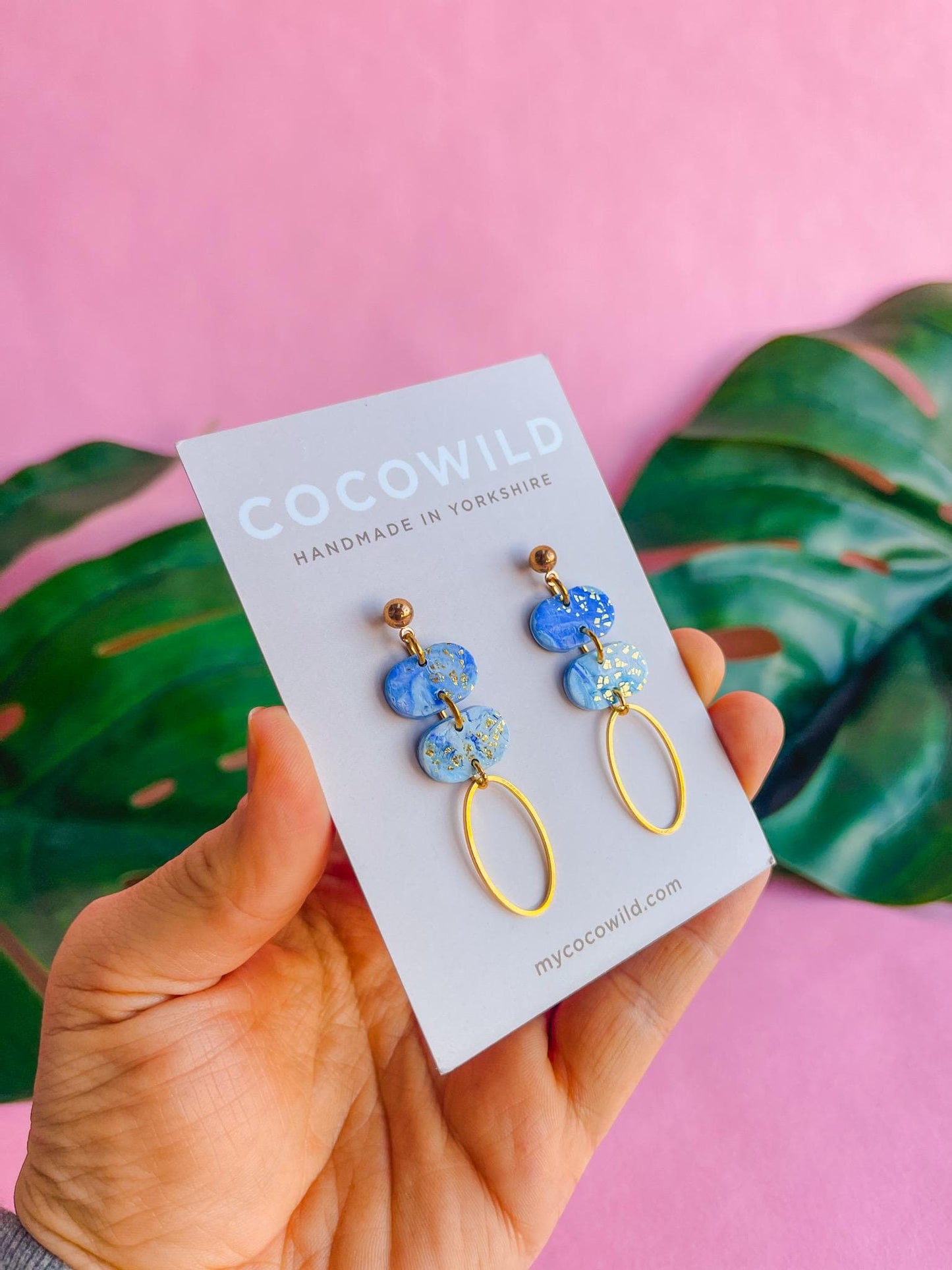 Blue & Gold Oval statement stud earrings // Polymer clay oval earrings with gold foil // handmade earrings UK // MACKENZIE