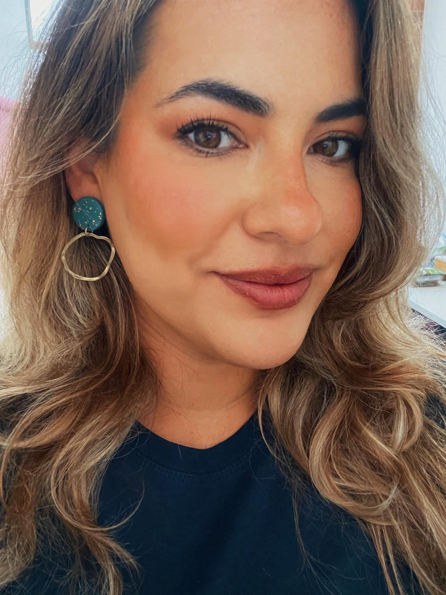 OLIVIA Emerald green and gold earrings with gold hoops handmade in the UK