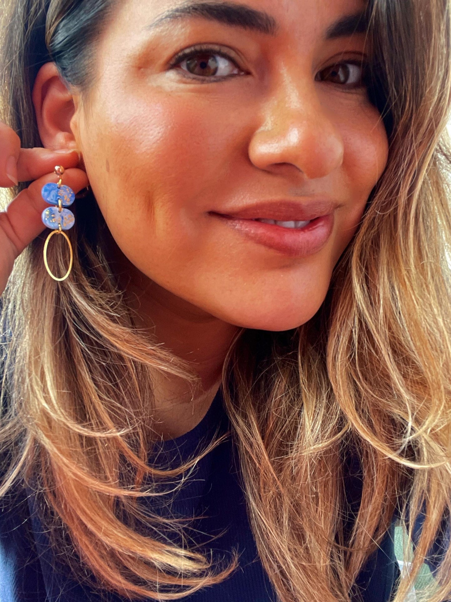 Blue & Gold Oval statement stud earrings // Polymer clay oval earrings with gold foil // handmade earrings UK // MACKENZIE