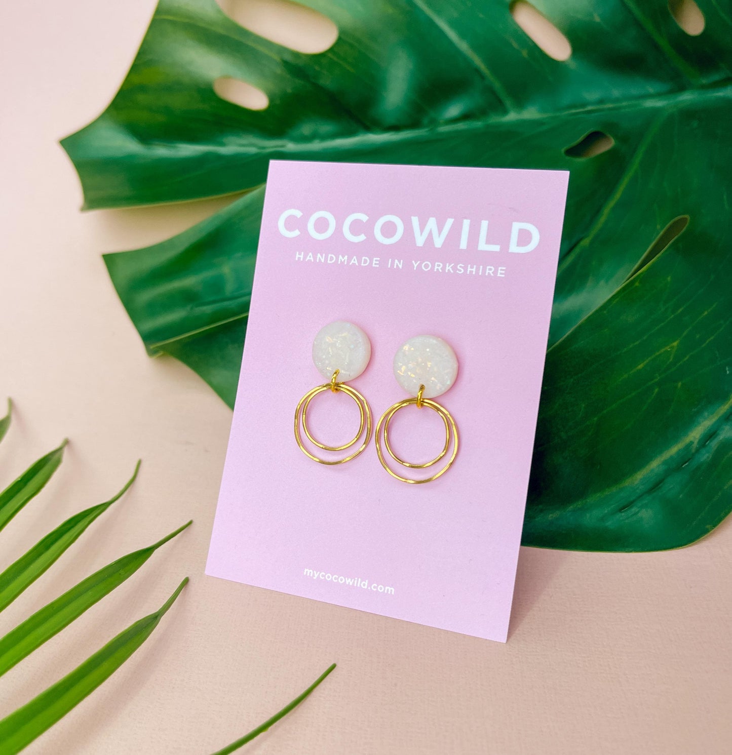 Pearlescent white double hoop statement earrings // Polymer clay earrings with gold foil // MARIA