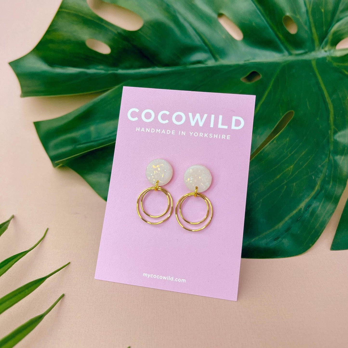 Pearlescent white double hoop statement earrings // Polymer clay earrings with gold foil // MARIA