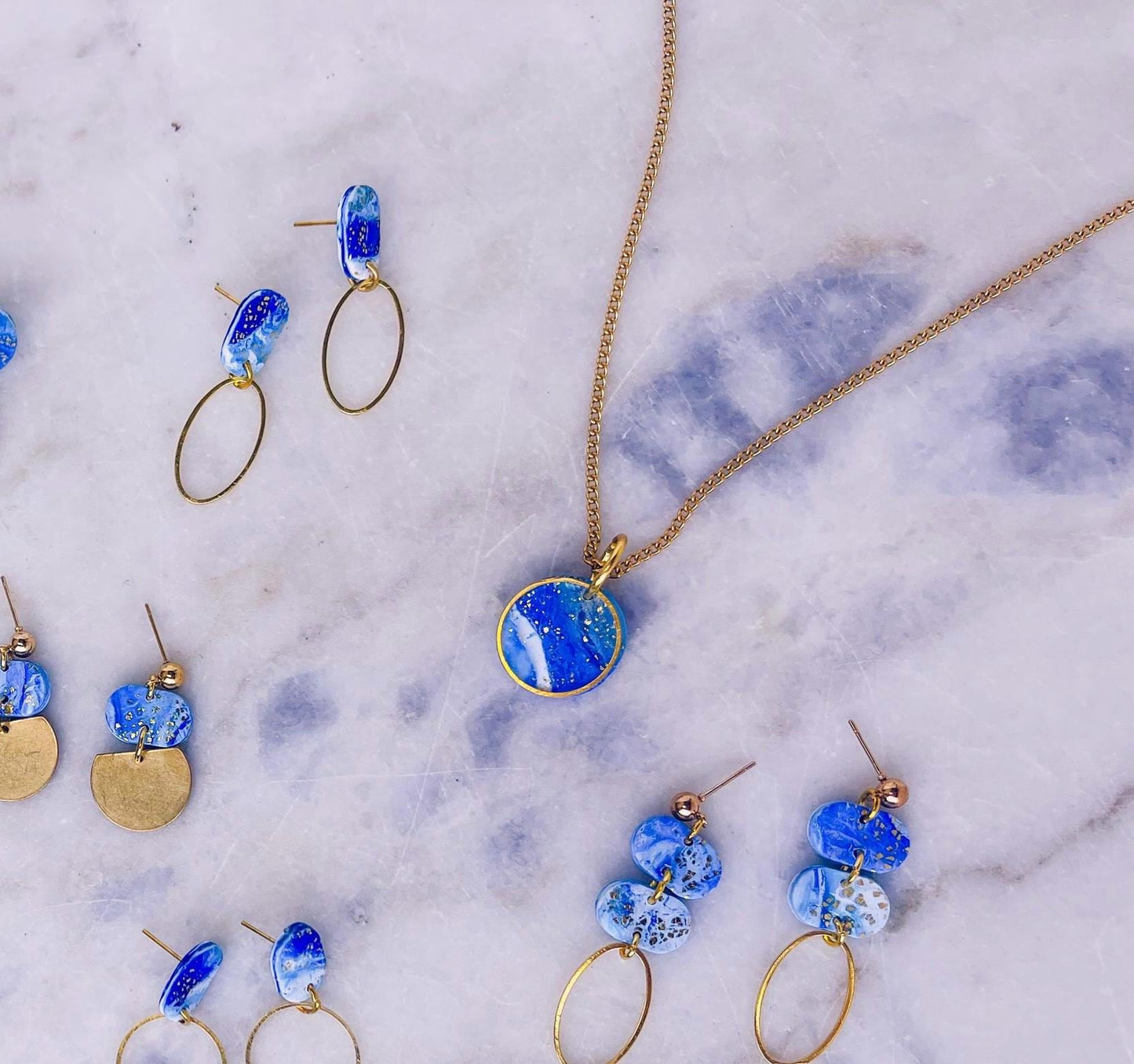 LUCIA - Small Blue and Gold round clay necklace | beautiful marbled blue with gold leaf pendant necklace | 18k gold plated chain // ISABELLA