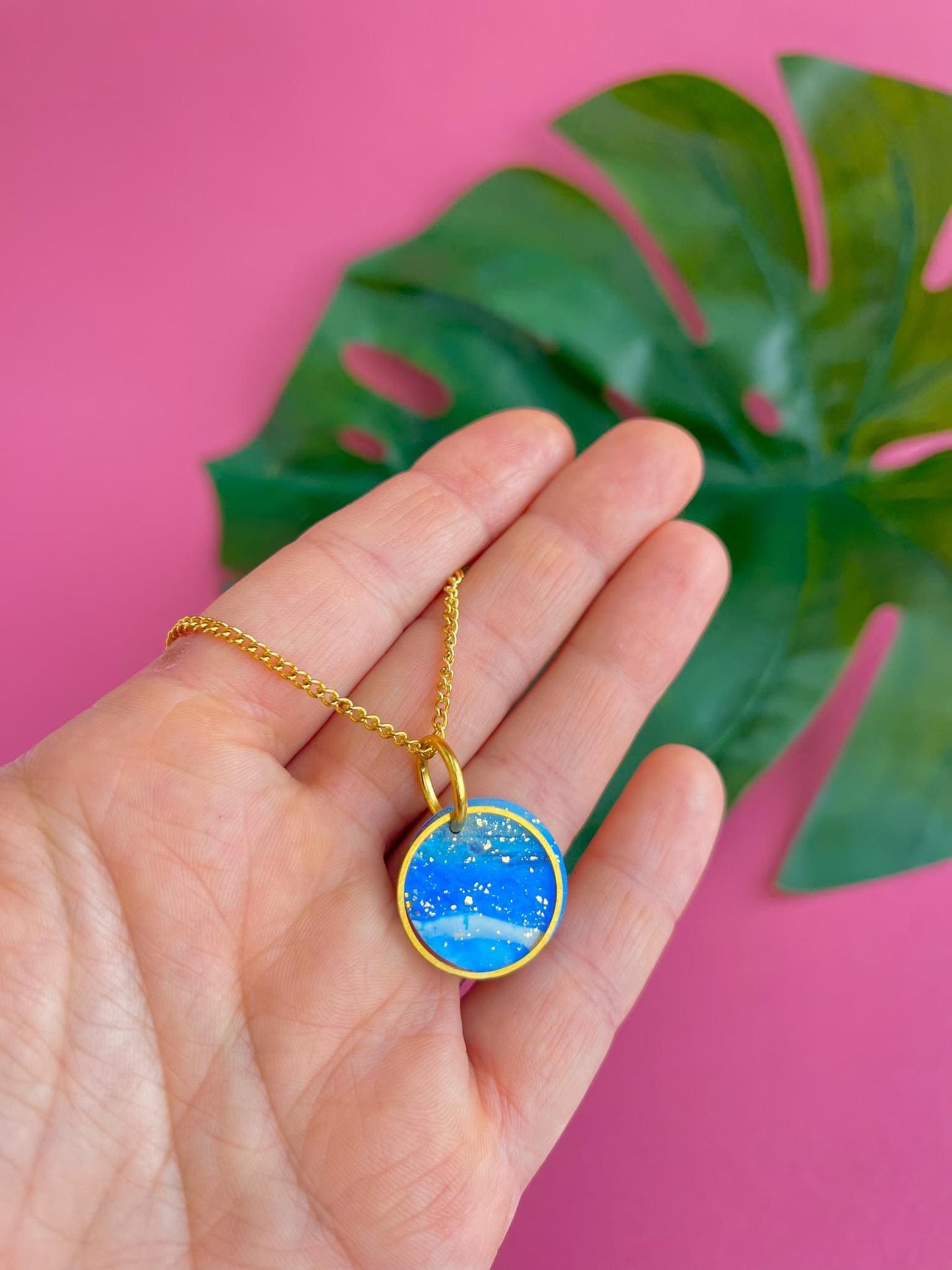 LUCIA - Small Blue and Gold round clay necklace | beautiful marbled blue with gold leaf pendant necklace | 18k gold plated chain // ISABELLA