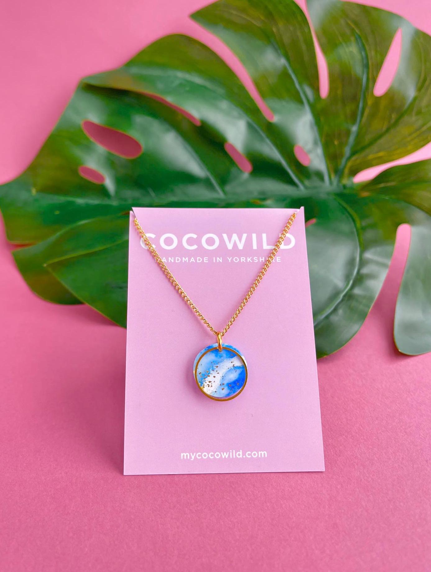 LUCIA - Small Blue and Gold round clay necklace | beautiful marbled blue with gold leaf pendant necklace | 18k gold plated chain // ISABELLA