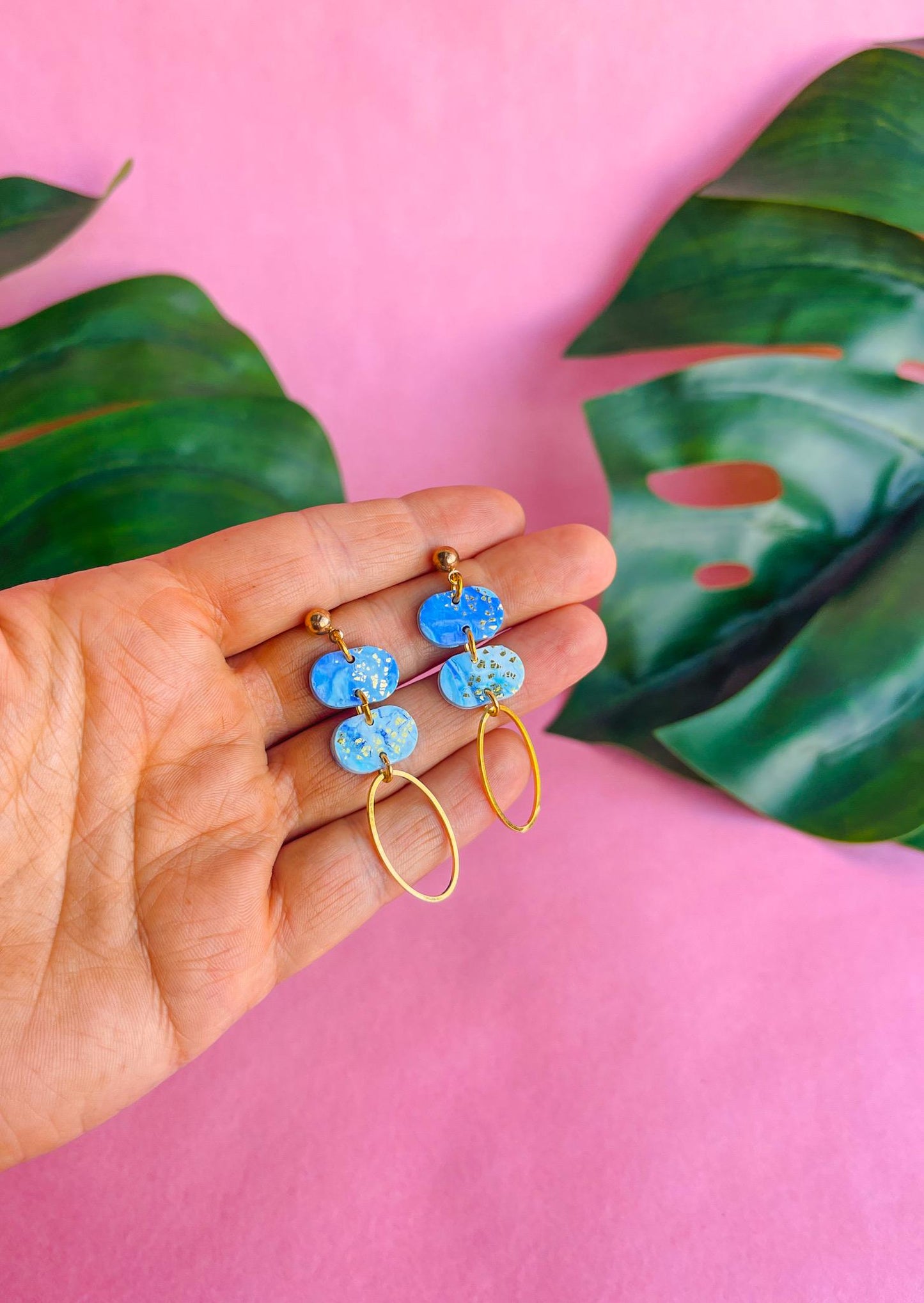 Blue & Gold Oval statement stud earrings // Polymer clay oval earrings with gold foil // handmade earrings UK // MACKENZIE