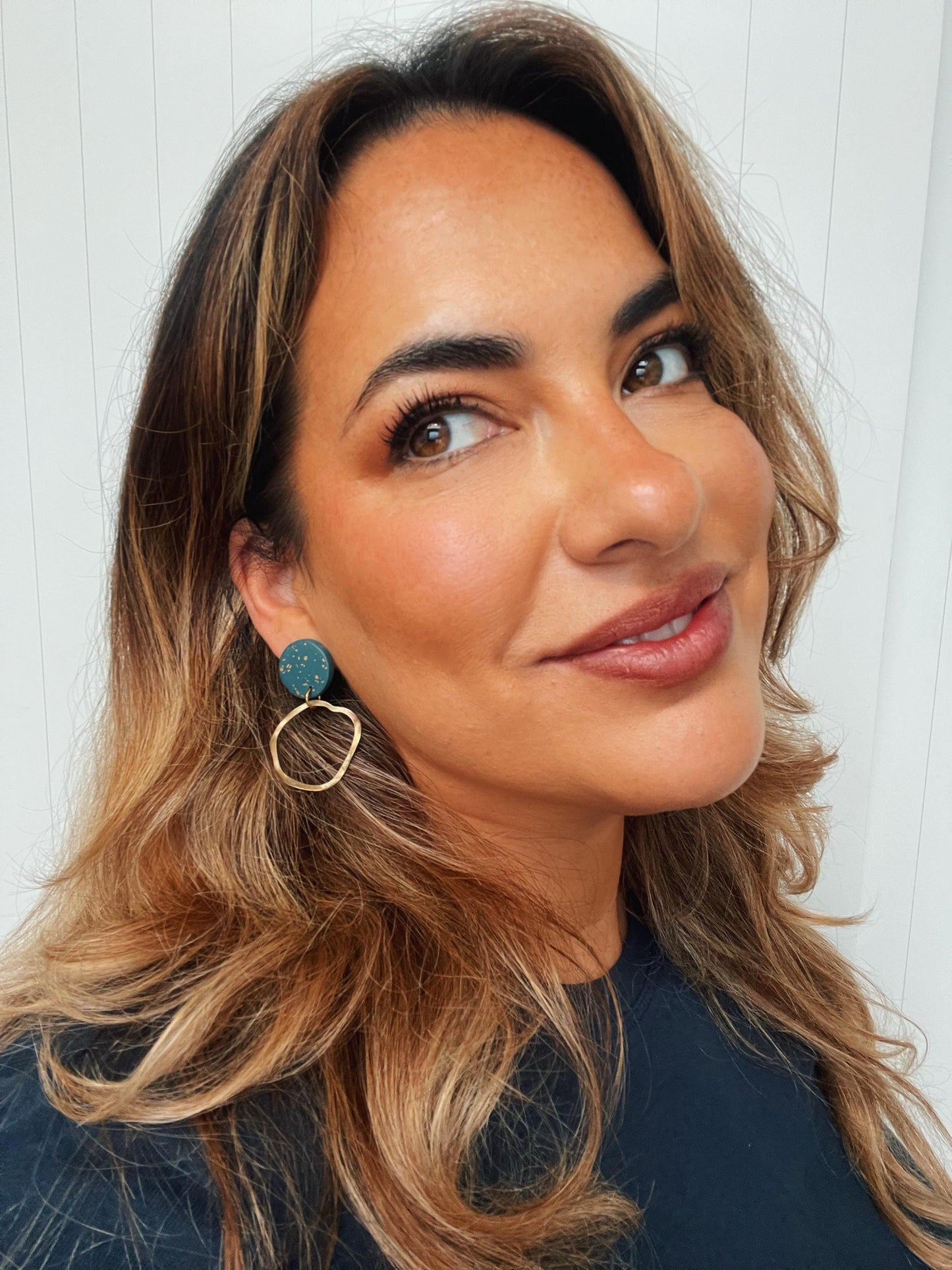 OLIVIA Emerald green and gold earrings with gold hoops handmade in the UK
