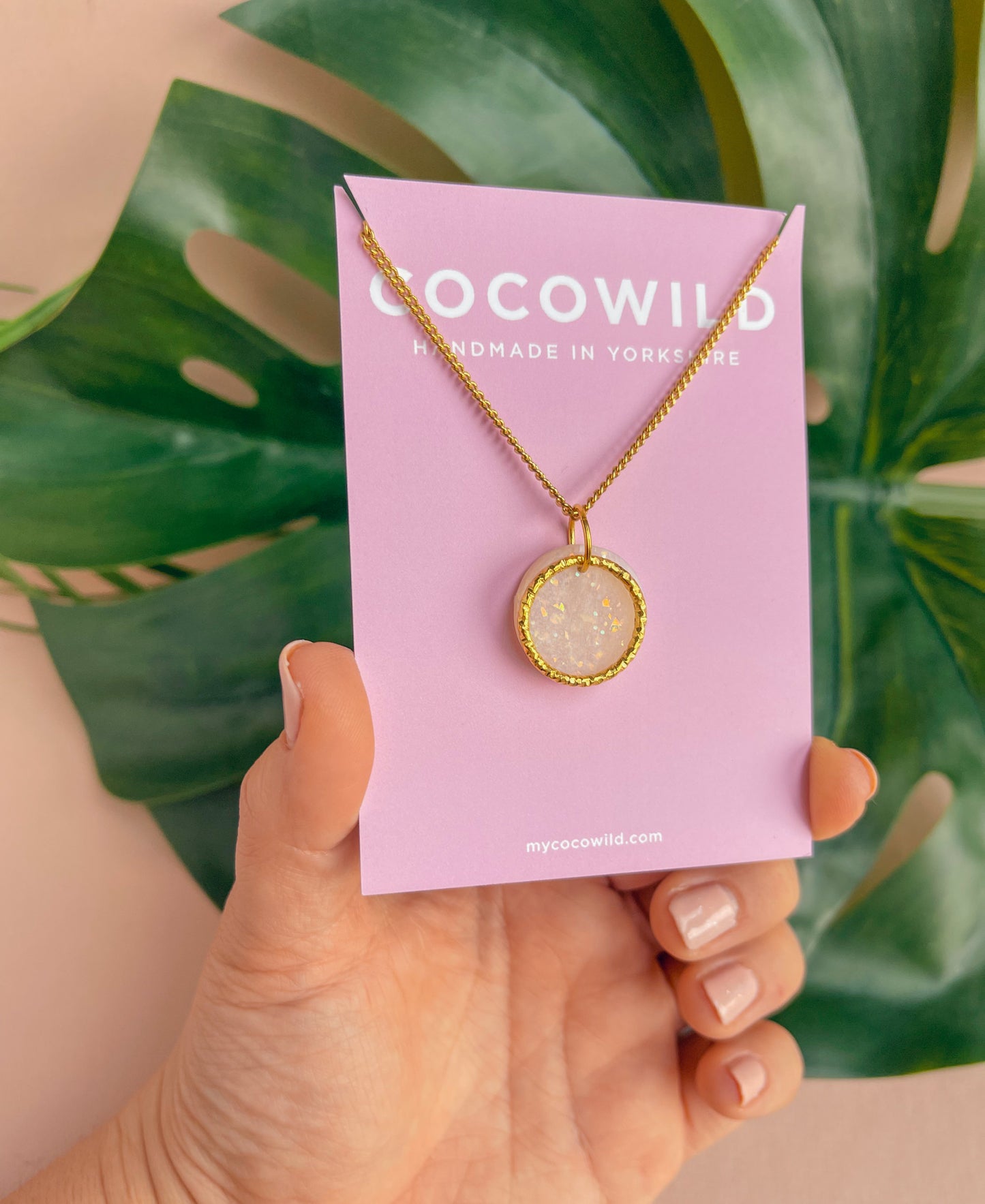 LUCIA - Pearlescent & Gold Small Circle Pendant Necklace on Short 18k Gold Chain