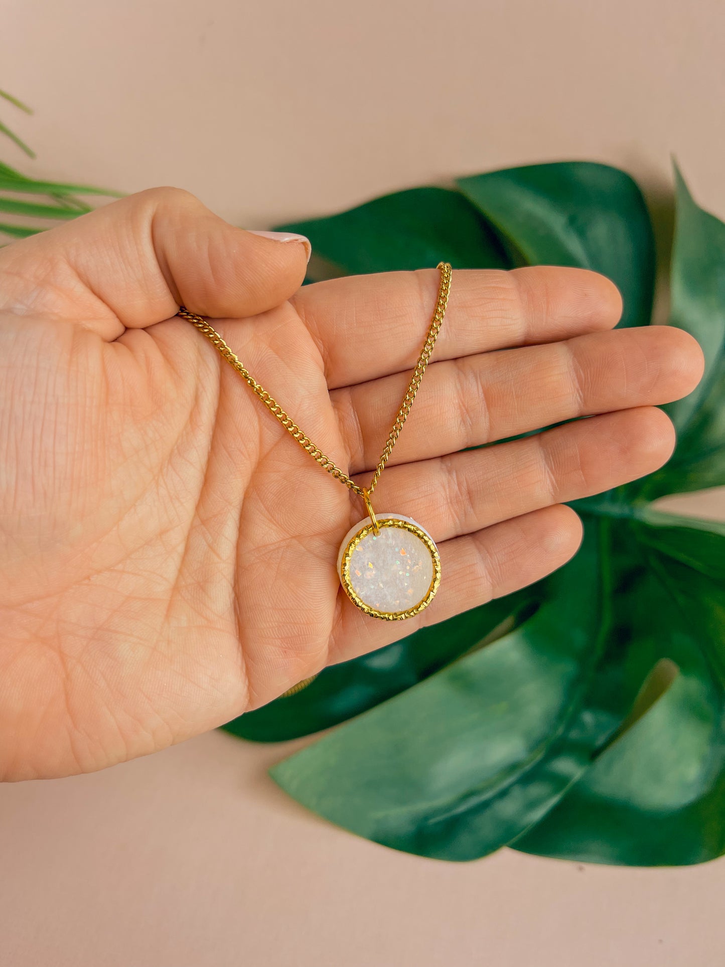 LUCIA - Pearlescent & Gold Small Circle Pendant Necklace on Short 18k Gold Chain
