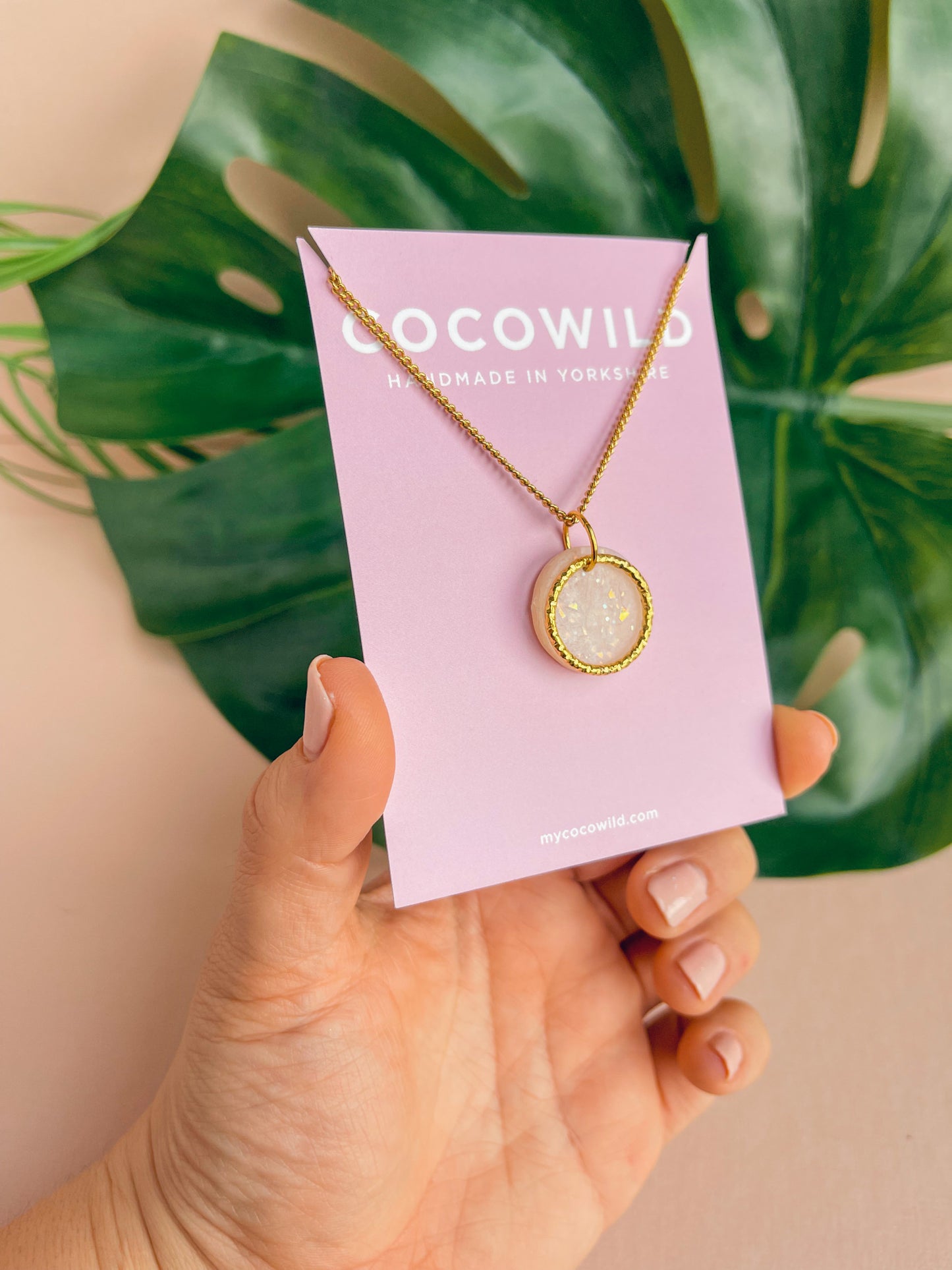 LUCIA - Pearlescent & Gold Small Circle Pendant Necklace on Short 18k Gold Chain