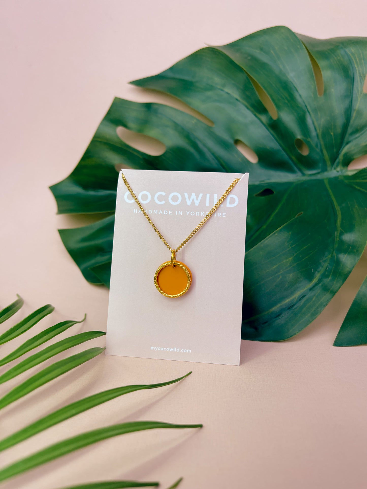 LUCIA - Mustard & Gold Small Circle Pendant Necklace on short 18k Gold Chain