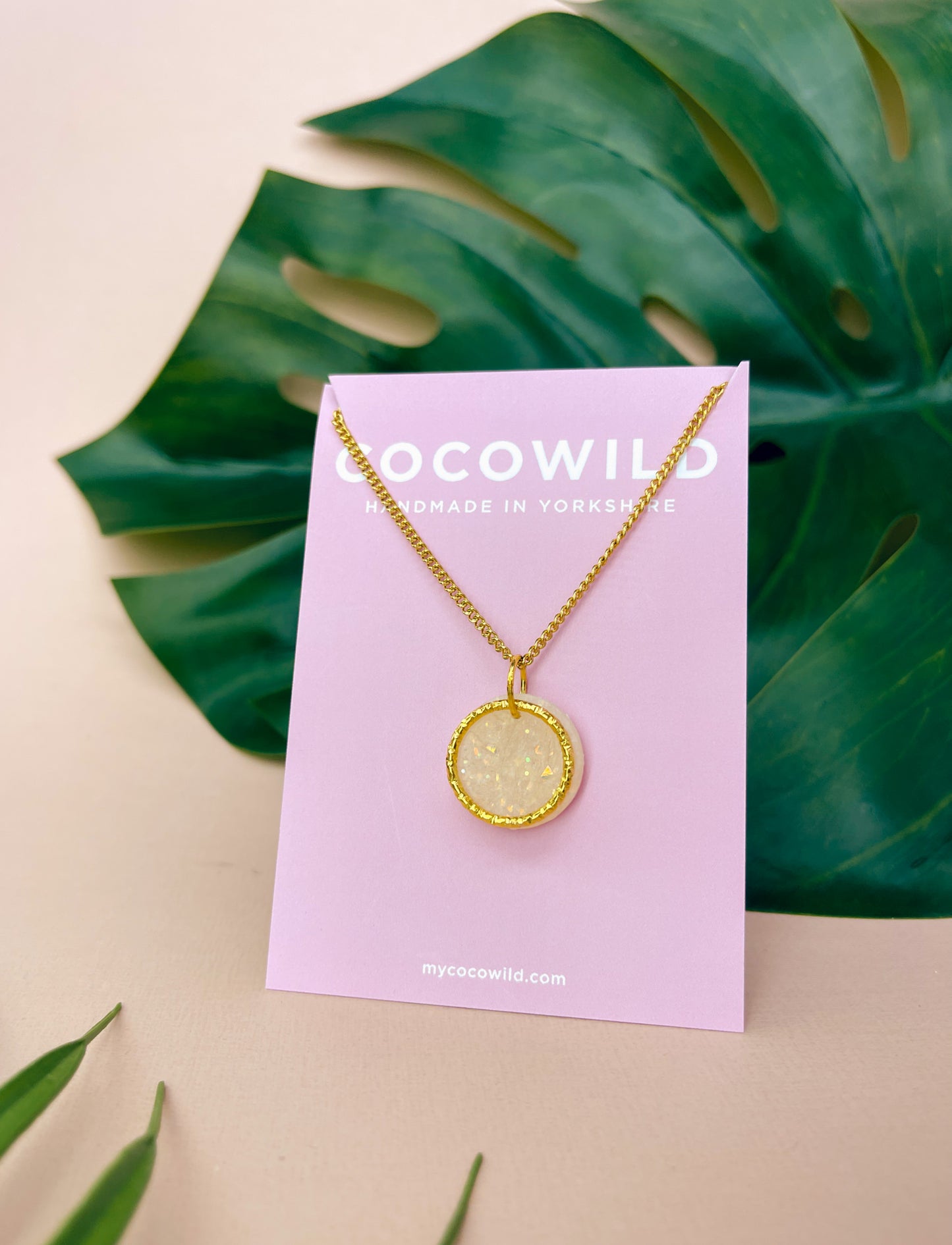 LUCIA - Pearlescent & Gold Small Circle Pendant Necklace on Short 18k Gold Chain