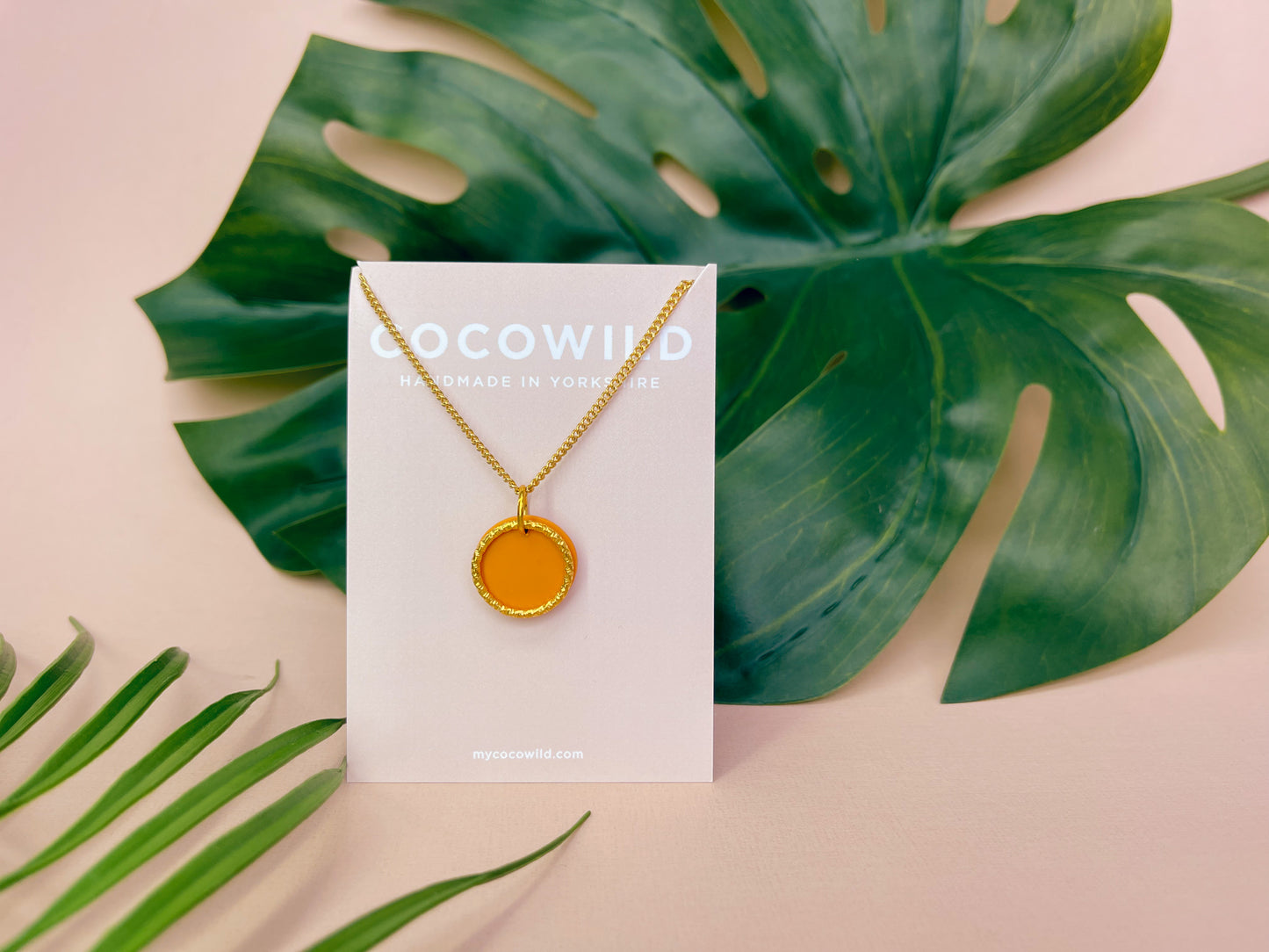 LUCIA - Mustard & Gold Small Circle Pendant Necklace on short 18k Gold Chain