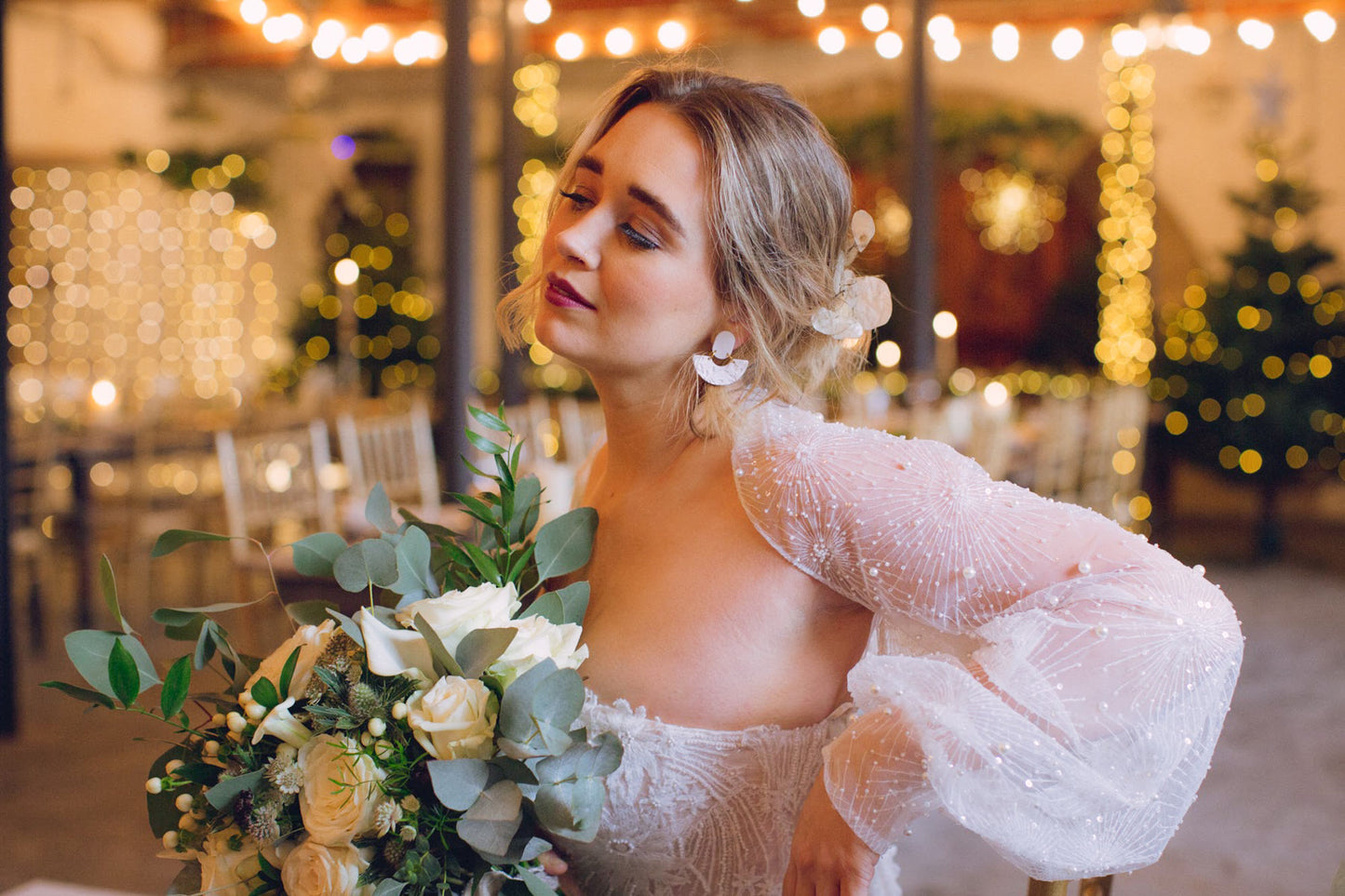 JESSIE - White Pattern Bridal Earrings