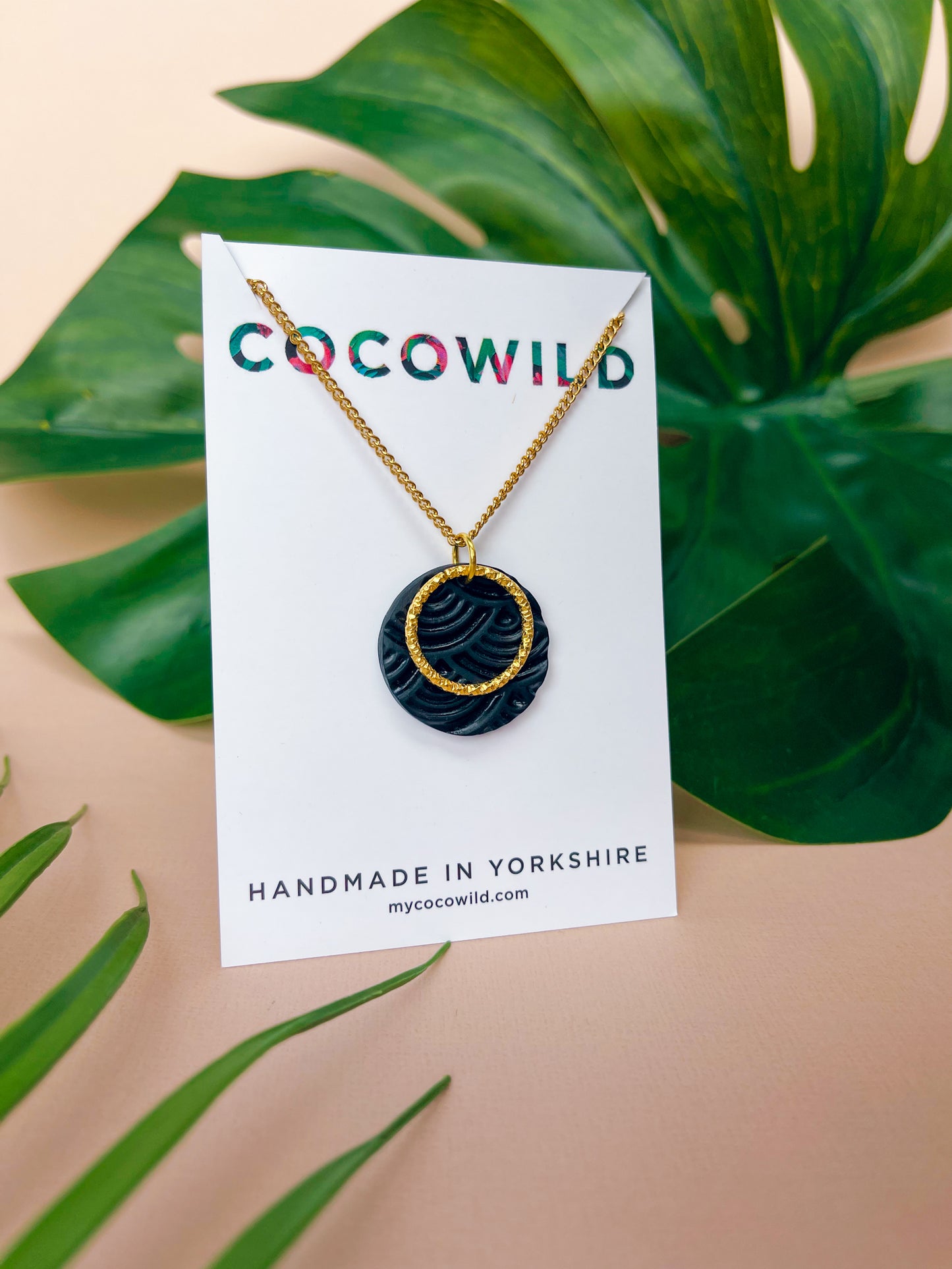 ISLA - Black Wave Large Circle Pendant on Long 18k Gold Chain Necklace