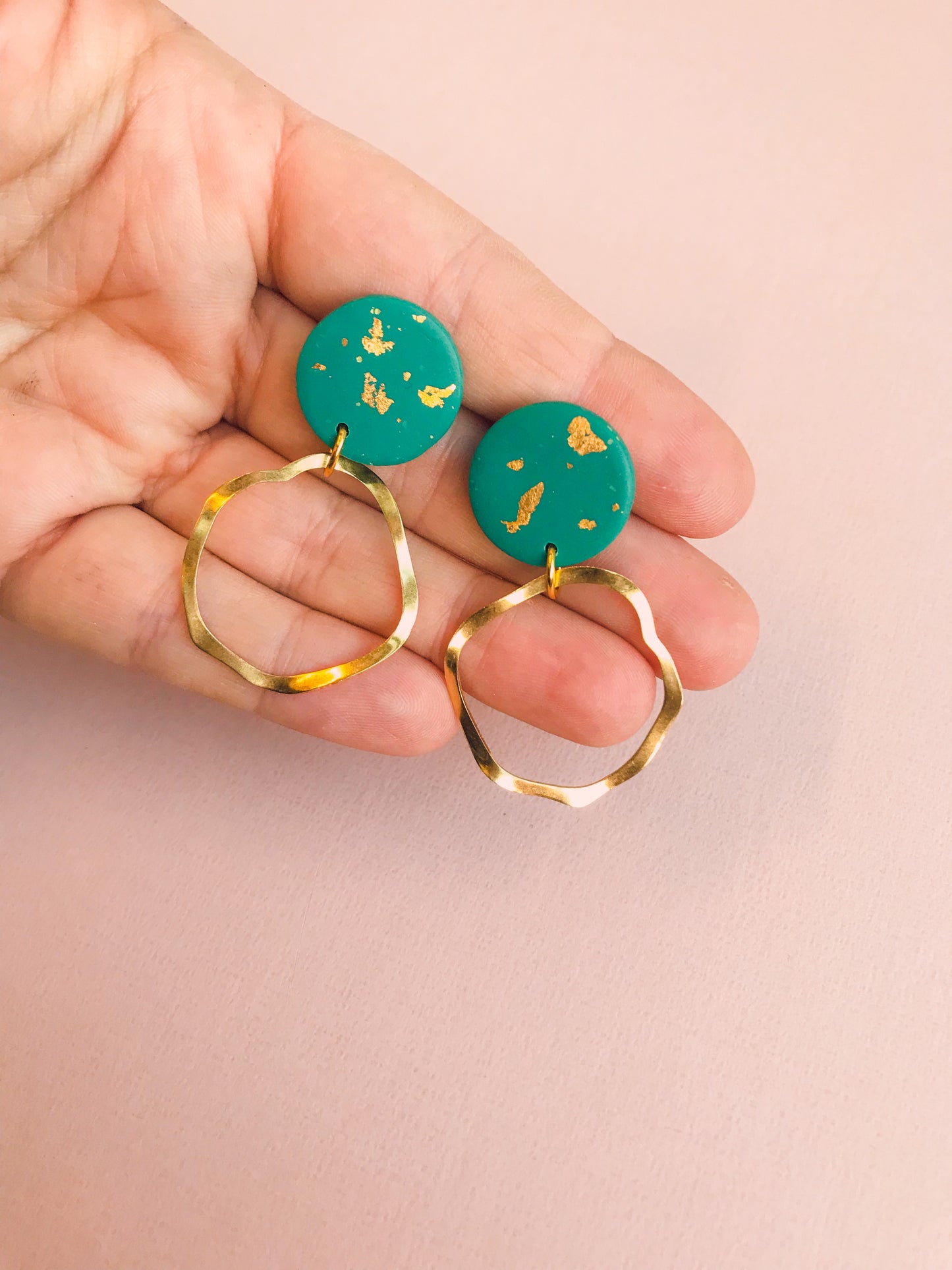 OLIVIA - Emerald Green & Gold Leaf Hoop Drop Earrings