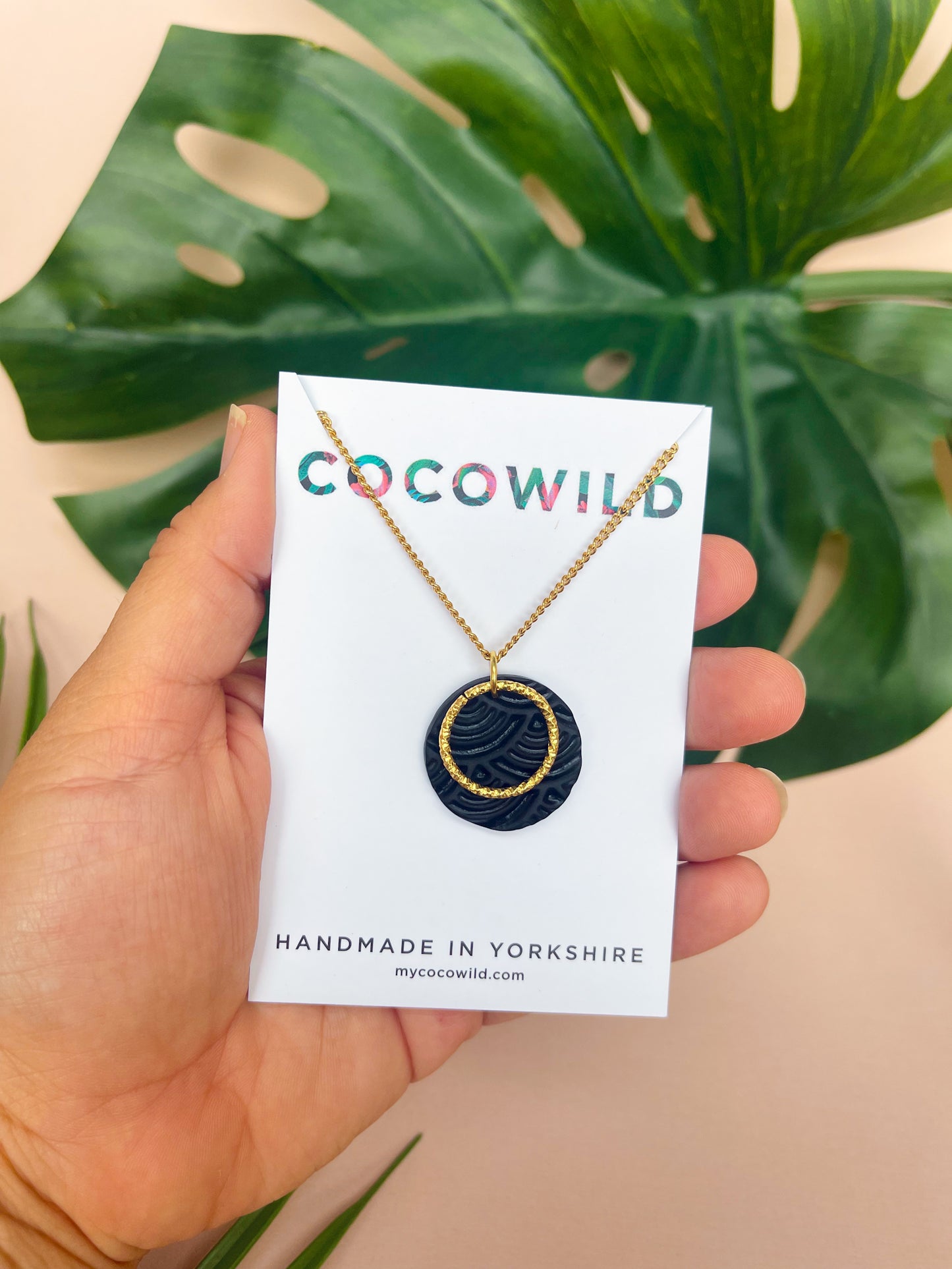 ISLA - Black Wave Large Circle Pendant on Long 18k Gold Chain Necklace