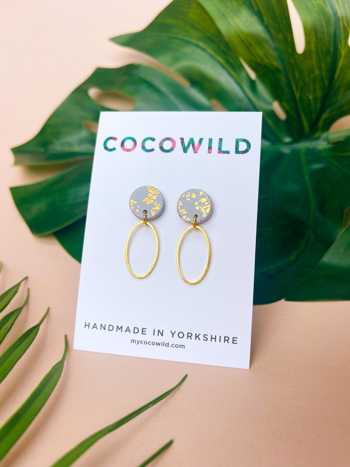 CHRISTINA - Grey & Gold Leaf Oval Drop Earrings