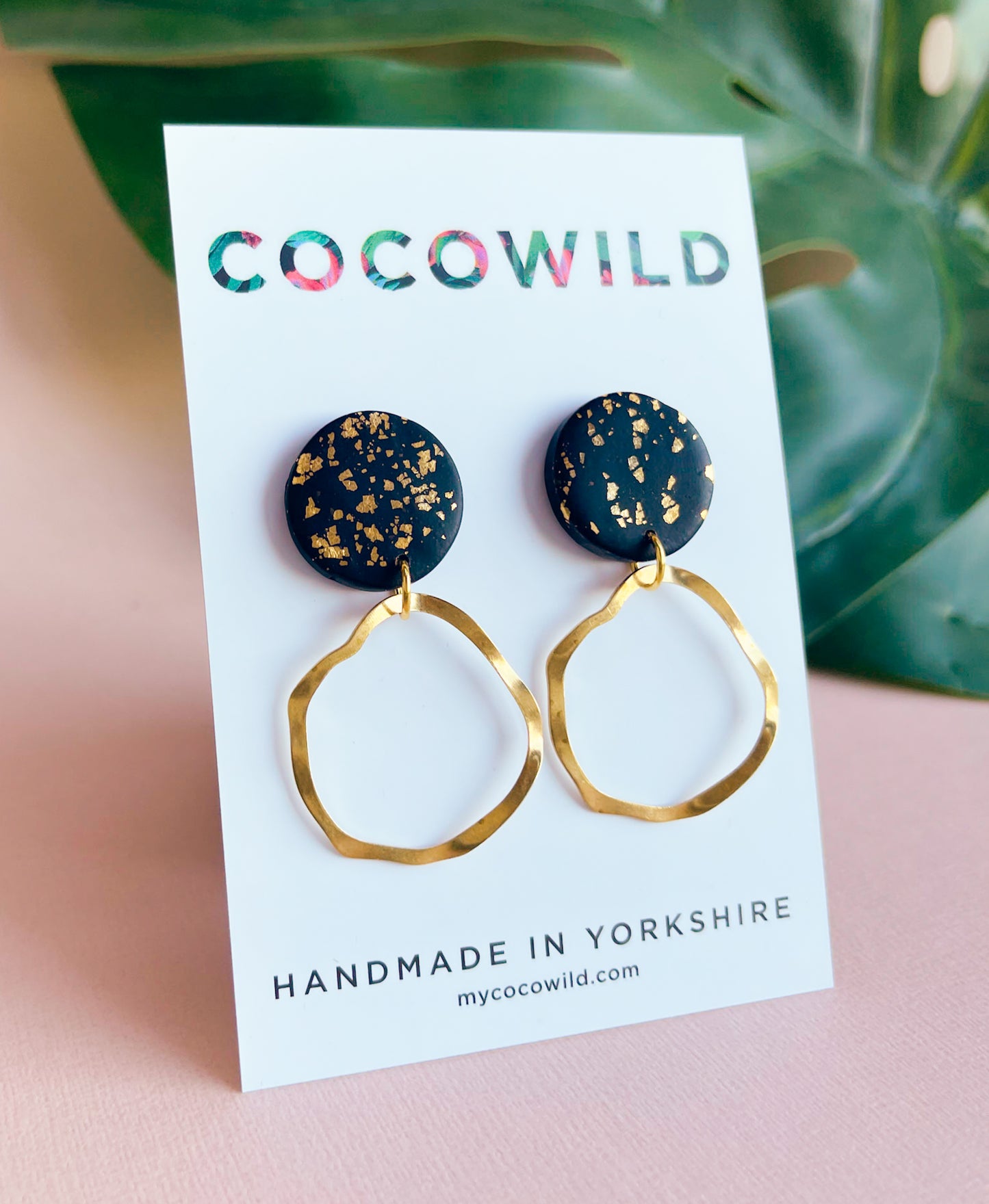 OLIVIA - Black & Gold leaf Hoop Drop Earrings