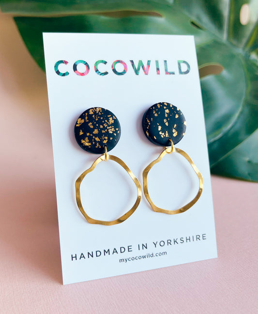 OLIVIA - Black & Gold leaf Hoop Drop Earrings