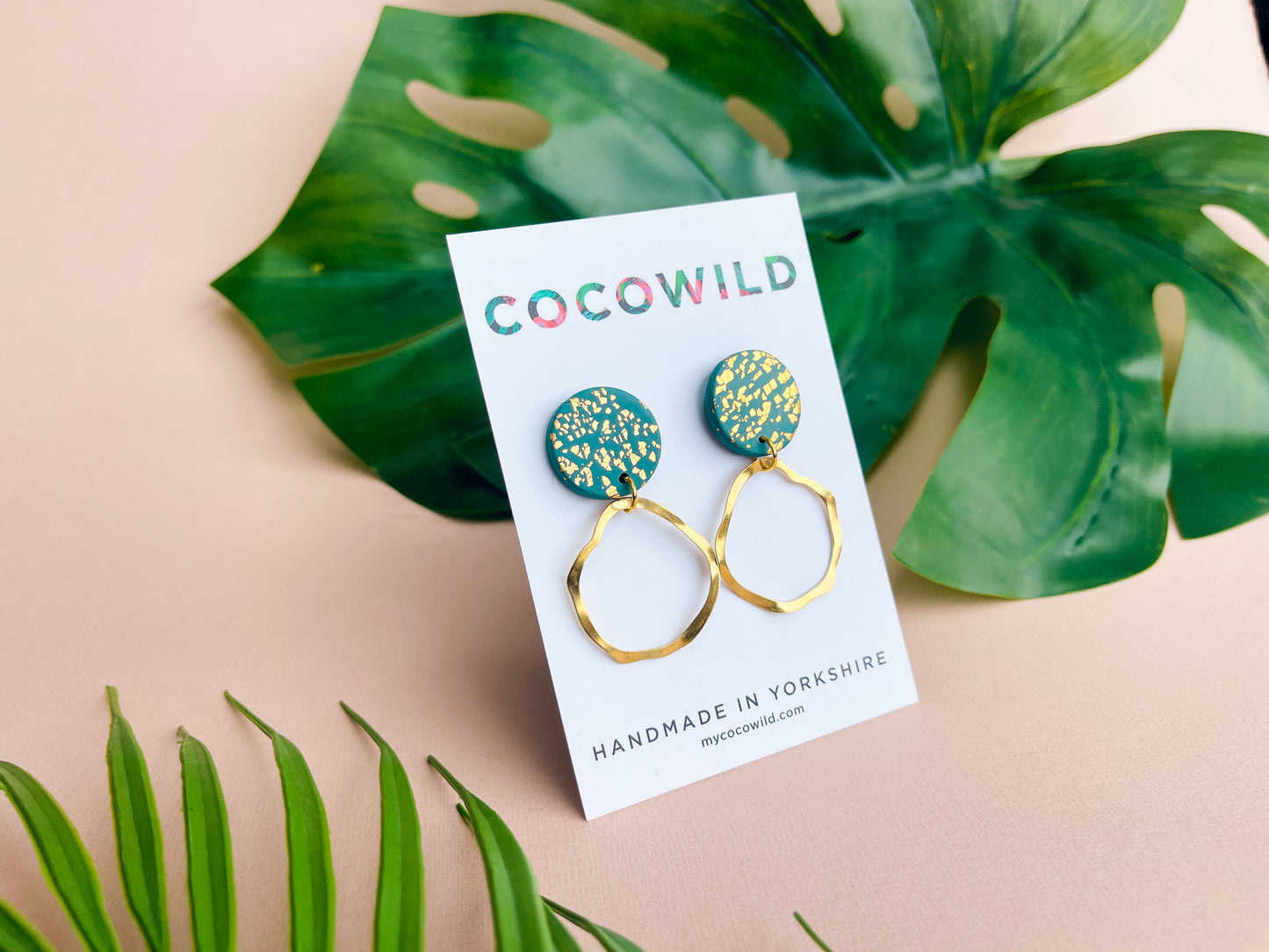 OLIVIA - Emerald Green & Gold Leaf Hoop Drop Earrings