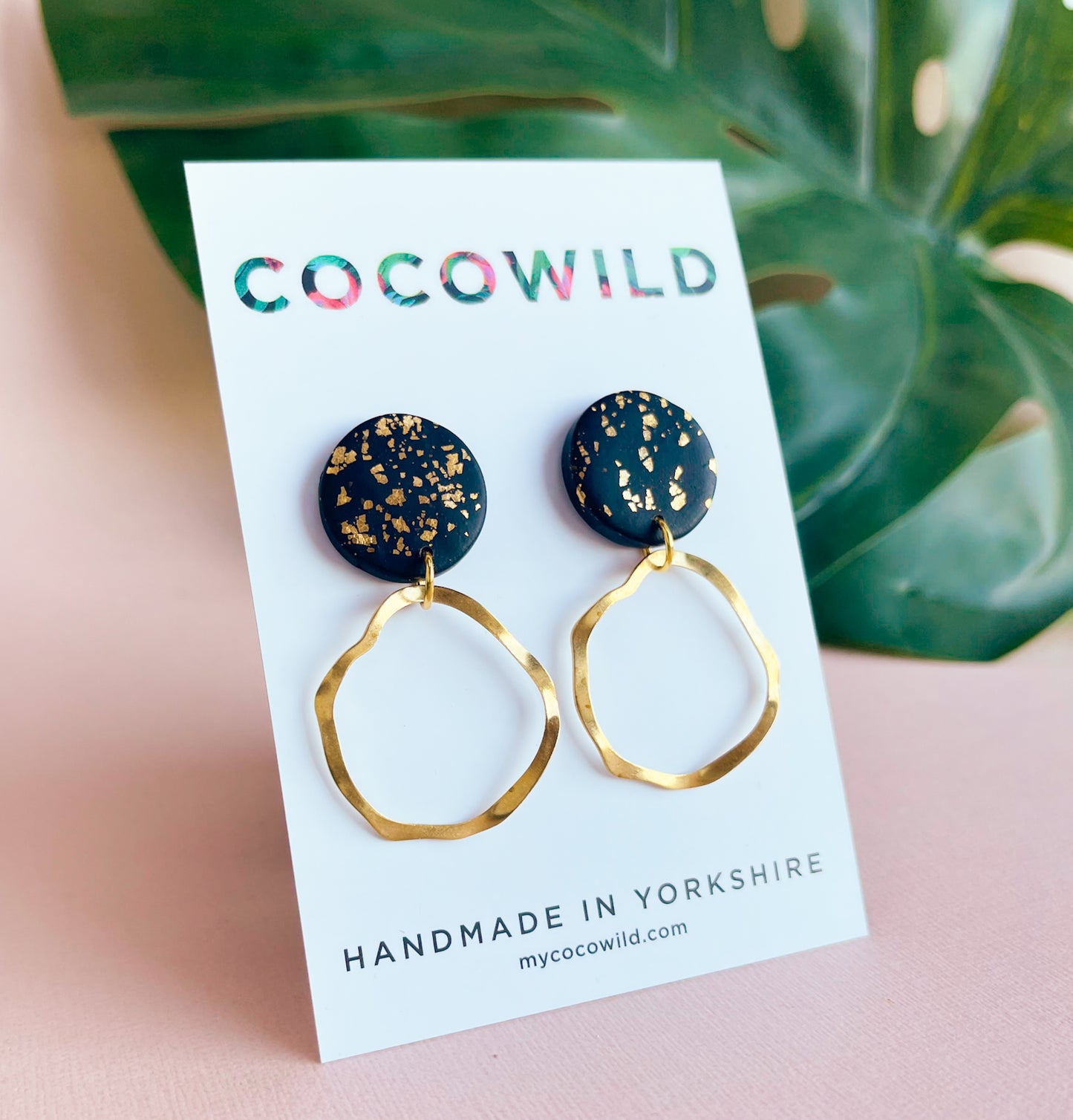 OLIVIA - Black & Gold leaf Hoop Drop Earrings