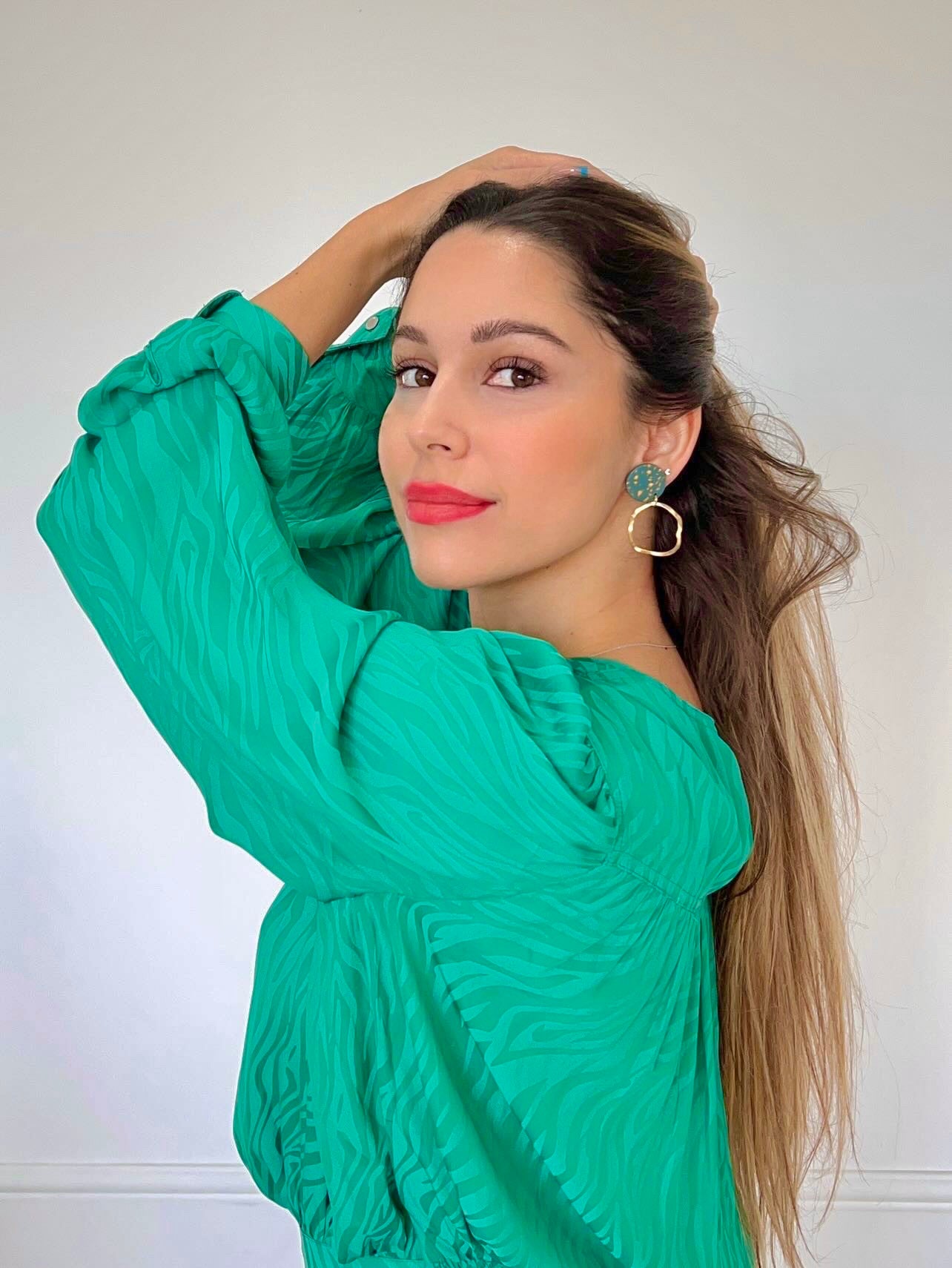 OLIVIA - Emerald Green & Gold Leaf Hoop Drop Earrings