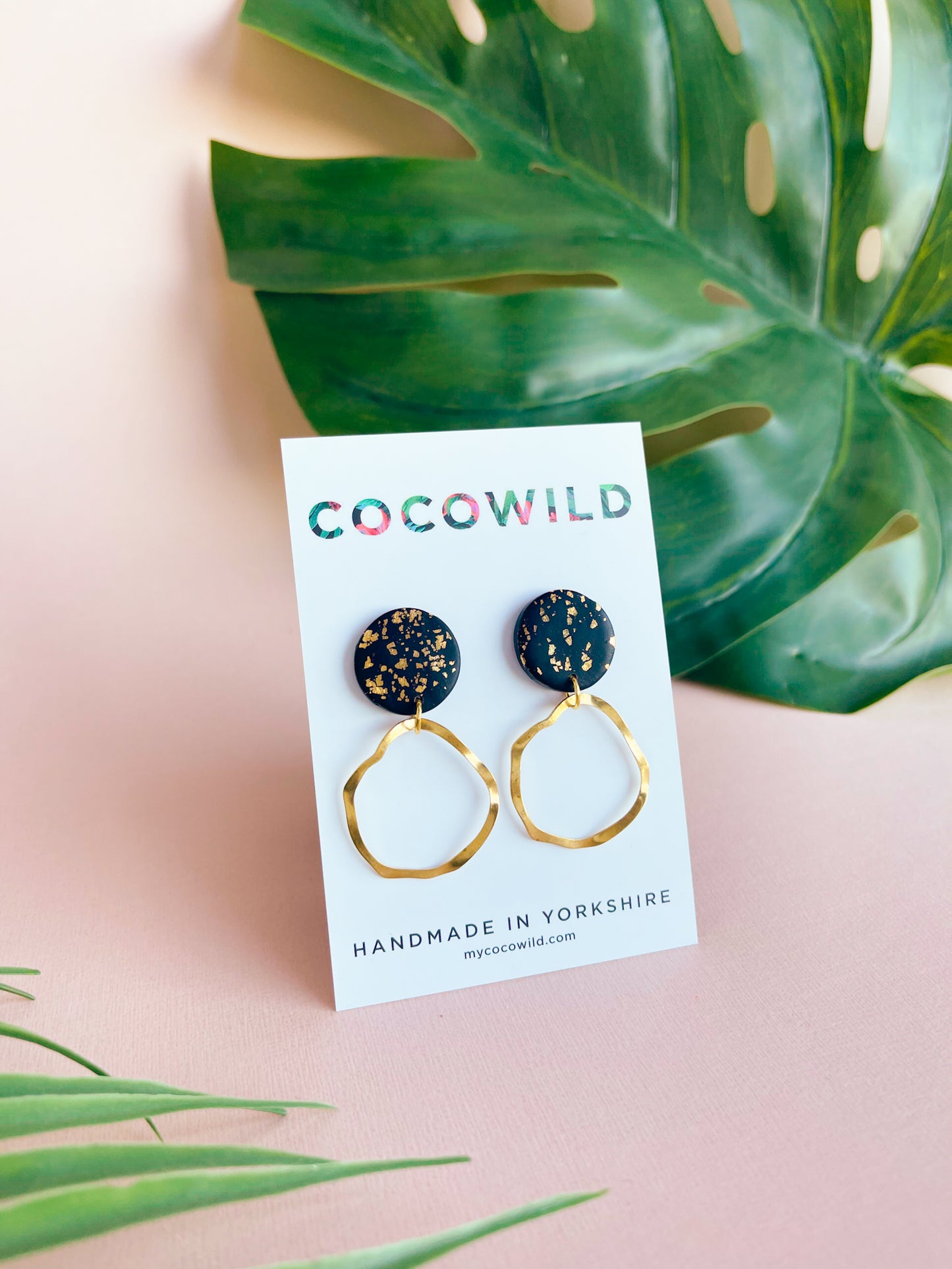 OLIVIA - Black & Gold leaf Hoop Drop Earrings