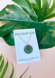 OLIVIA GREEN LARGE NECKLACE - Emerald Green & Gold Leaf Circle Pendant on Long Chain.