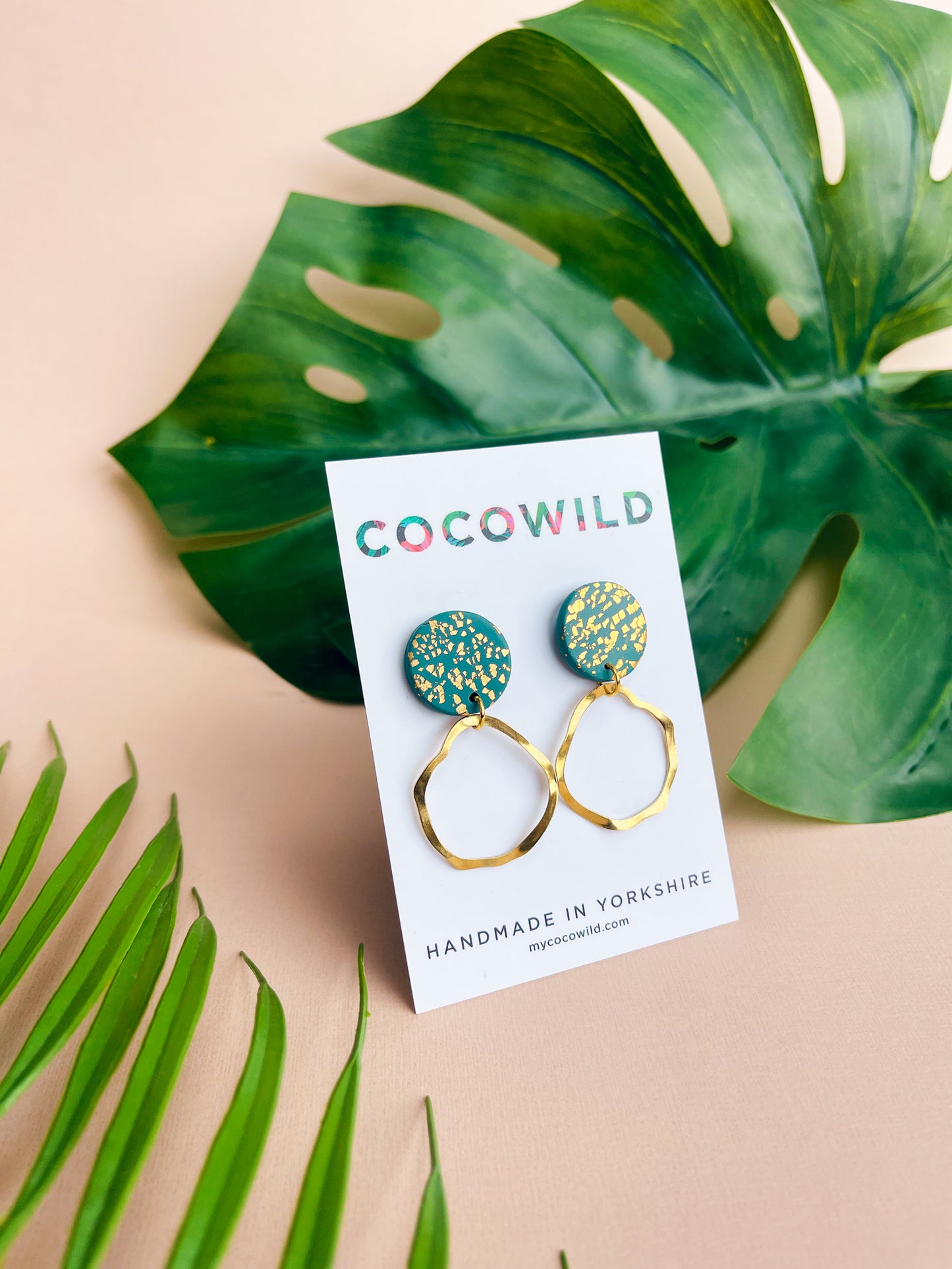 OLIVIA - Emerald Green & Gold Leaf Hoop Drop Earrings
