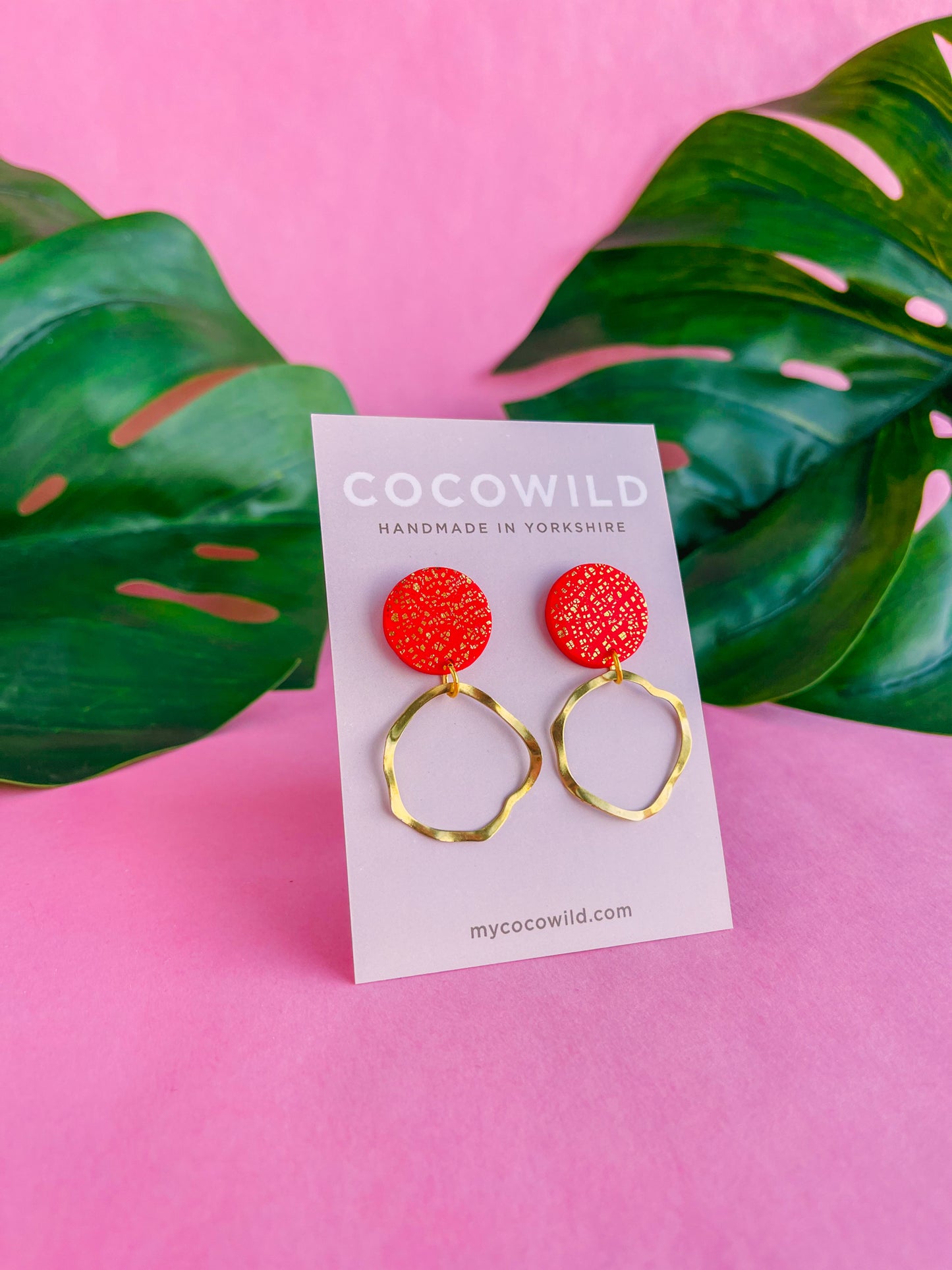 OLIVIA Red and gold earrings with gold hoops handmade in the UK