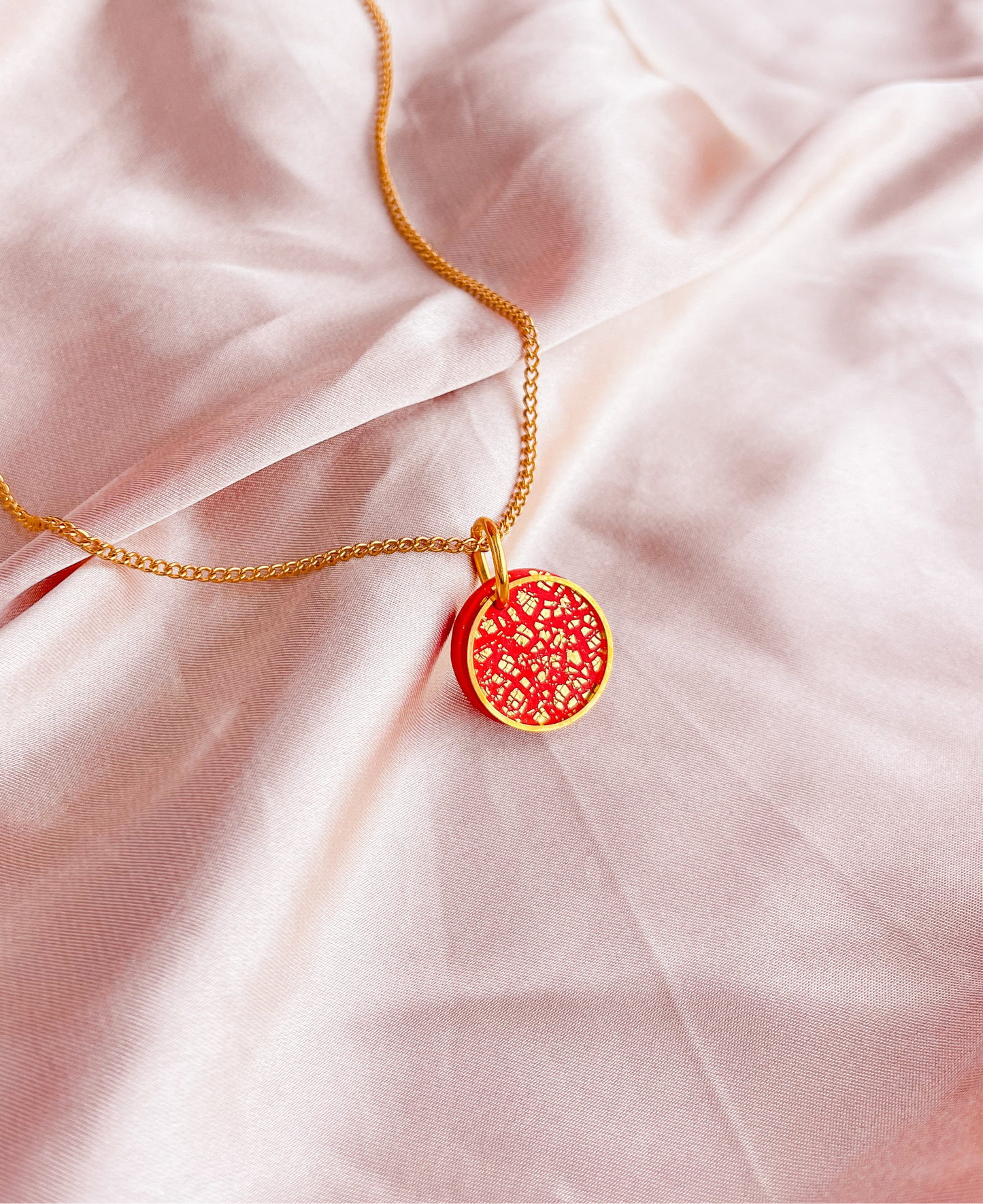 LUCIA - Red & Gold Small Circle Pendant Necklace on Short 18k Gold Chain