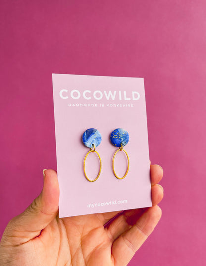 CHRISTINA - Blue & White Marbled Oval Drop Earrings