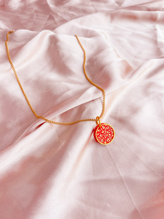 LUCIA - Red & Gold Small Circle Pendant Necklace on Short 18k Gold Chain