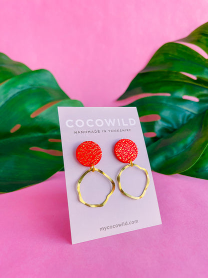 OLIVIA Red and gold earrings with gold hoops handmade in the UK