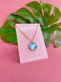 BLUE SMALL NECKLACE - Blue white & Gold Leaf Circle Pendant on Short Chain.