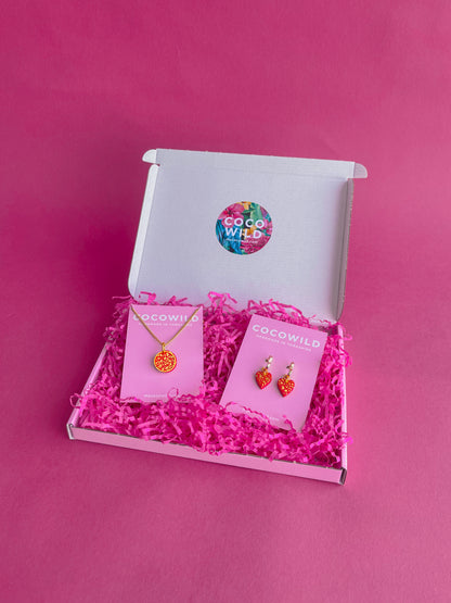 GIFT SET - Red & Gold Heart Huggies Earrings & Necklace (18k gold plated)