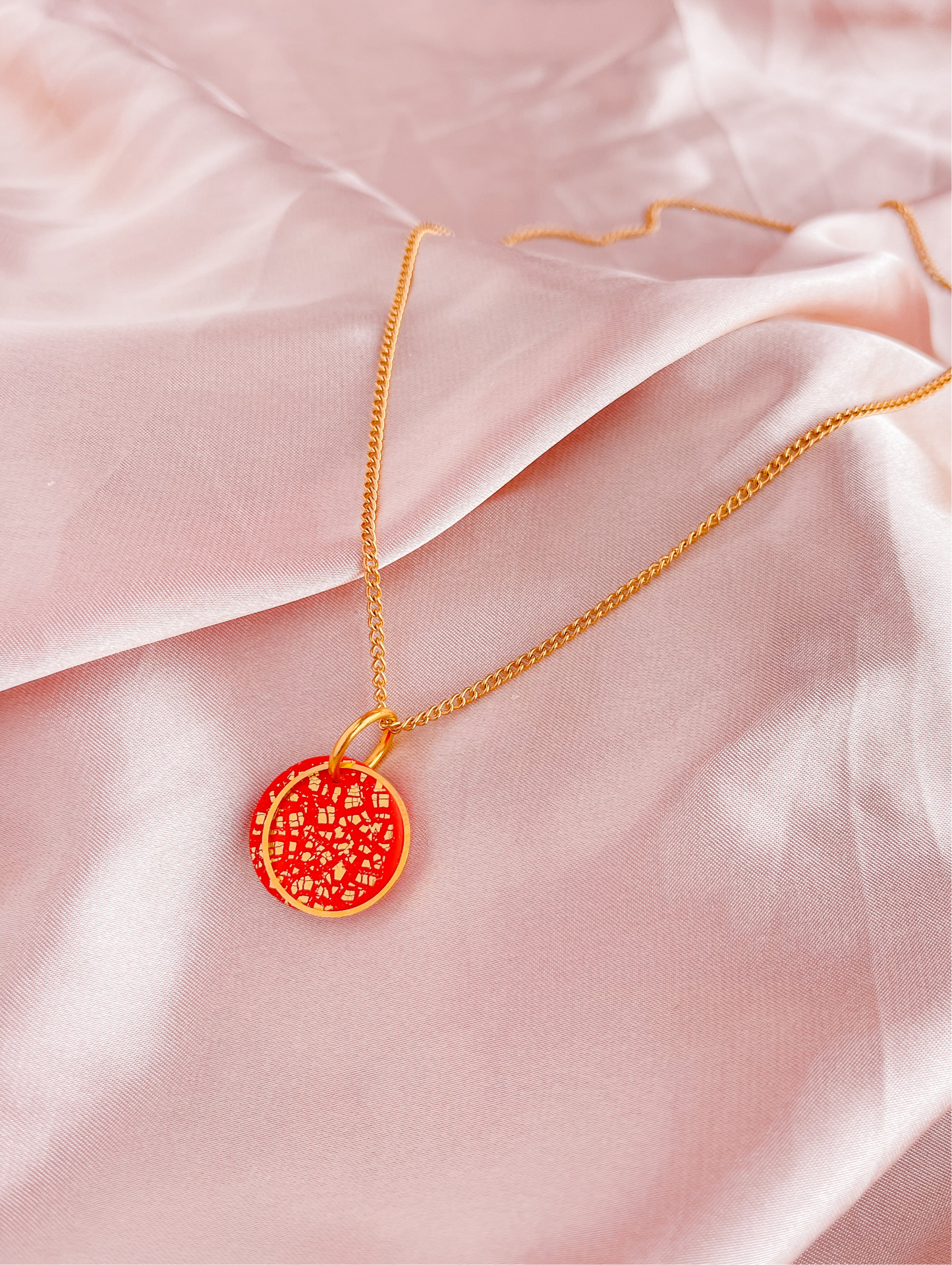 LUCIA - Red & Gold Small Circle Pendant Necklace on Short 18k Gold Chain