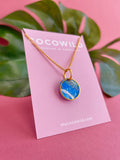 BLUE SMALL NECKLACE - Blue white & Gold Leaf Circle Pendant on Short Chain.