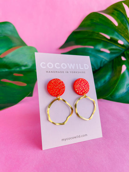 OLIVIA Red and gold earrings with gold hoops handmade in the UK