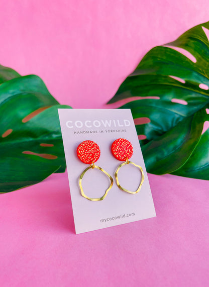 OLIVIA Red and gold earrings with gold hoops handmade in the UK